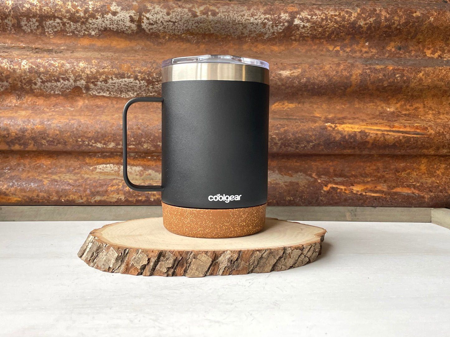 Insulated Cork Bottom Coffee Mug - Bear with mountains and trees etched 16 OZ - Option to Personalize - BLACK