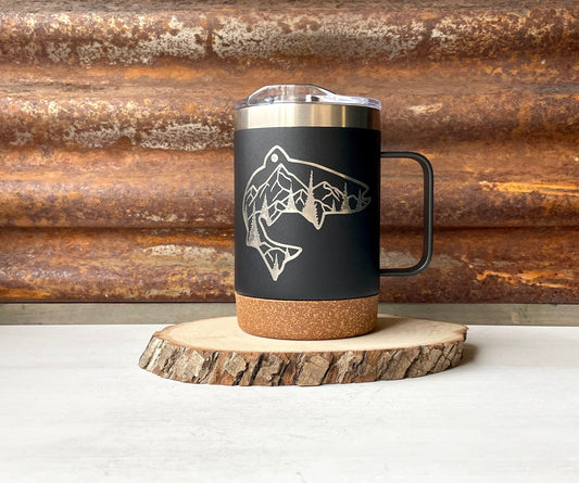 Insulated Cork Bottom Coffee Mug - Fish with mountains and trees etched 16 OZ - Option to Personalize - BLACK