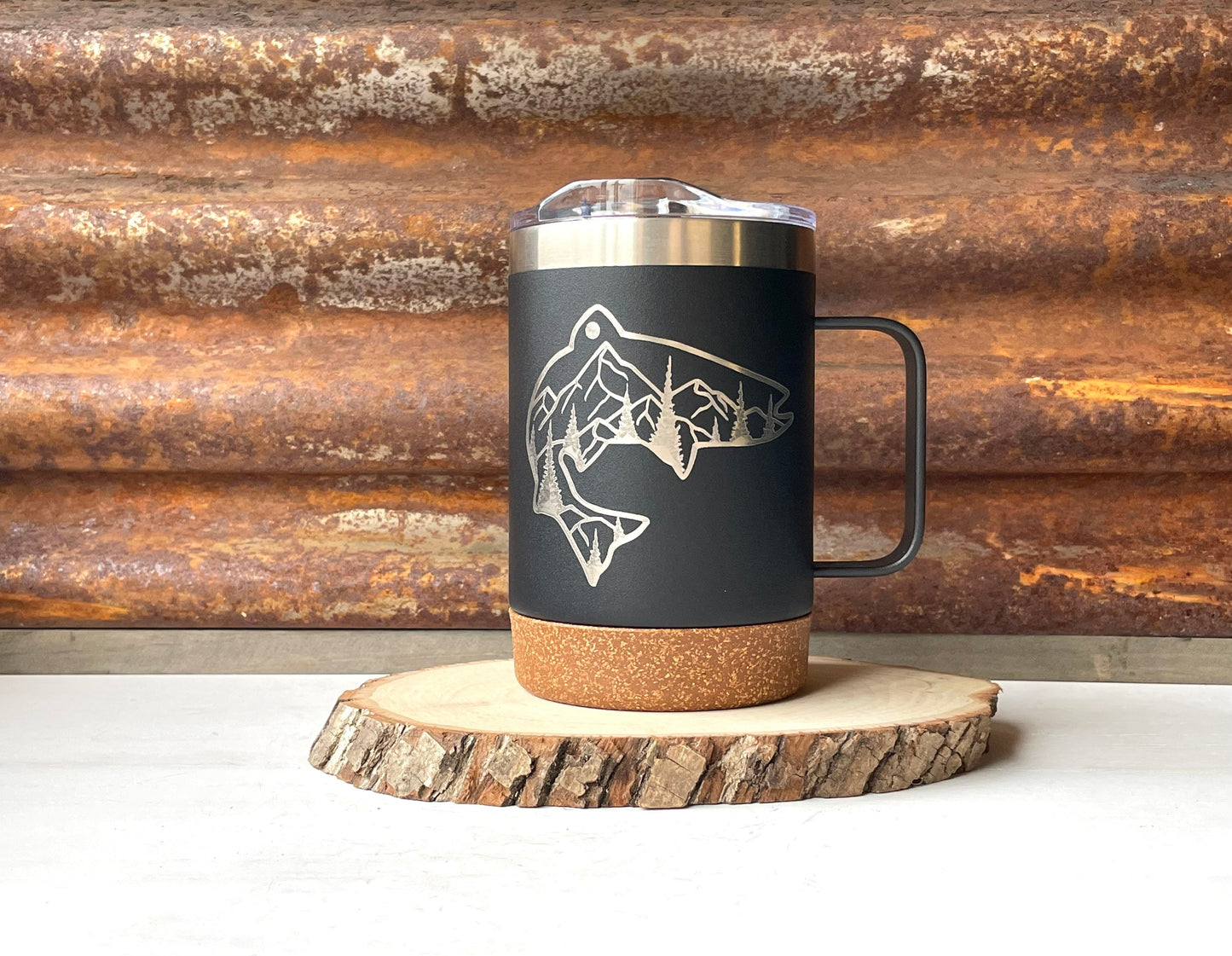 Insulated Cork Bottom Coffee Mug - Fish with mountains and trees etched 16 OZ - Option to Personalize - BLACK