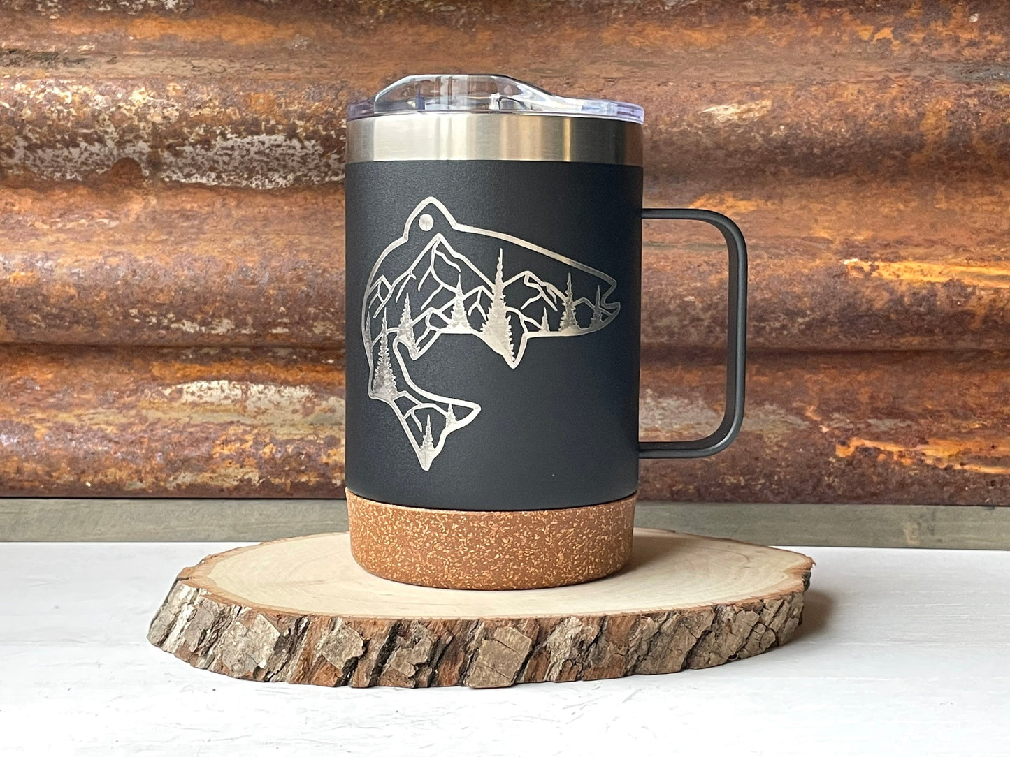 Insulated Cork Bottom Coffee Mug - Fish with mountains and trees etched 16 OZ - Option to Personalize - BLACK