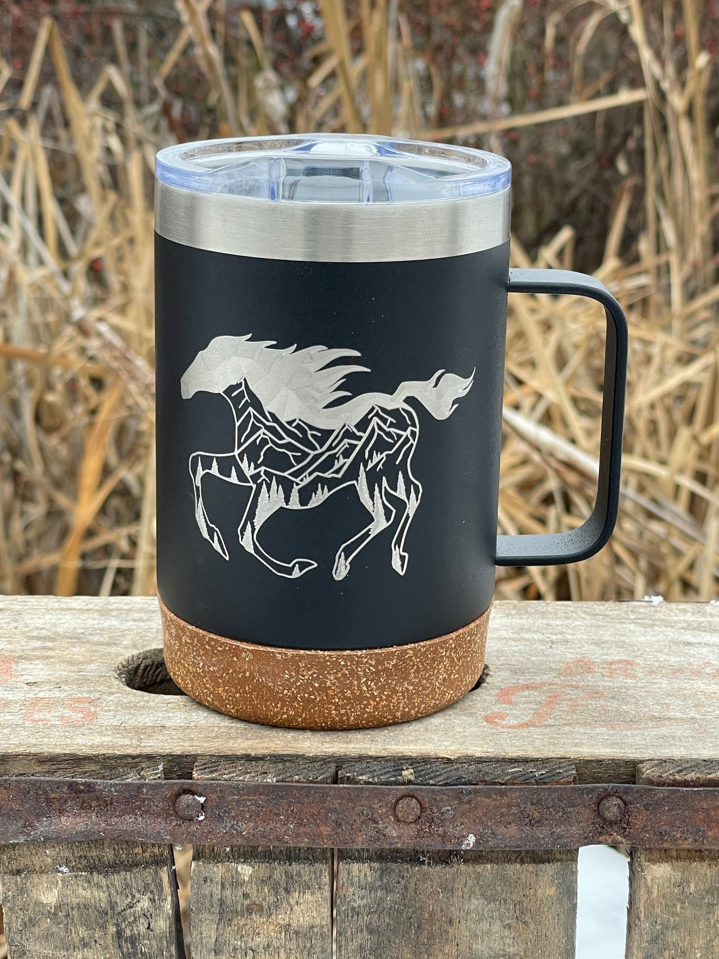 Insulated Cork Bottom Coffee Mug - Horse with Mountains and trees inside etched 16 OZ - Option to Personalize - BLACK