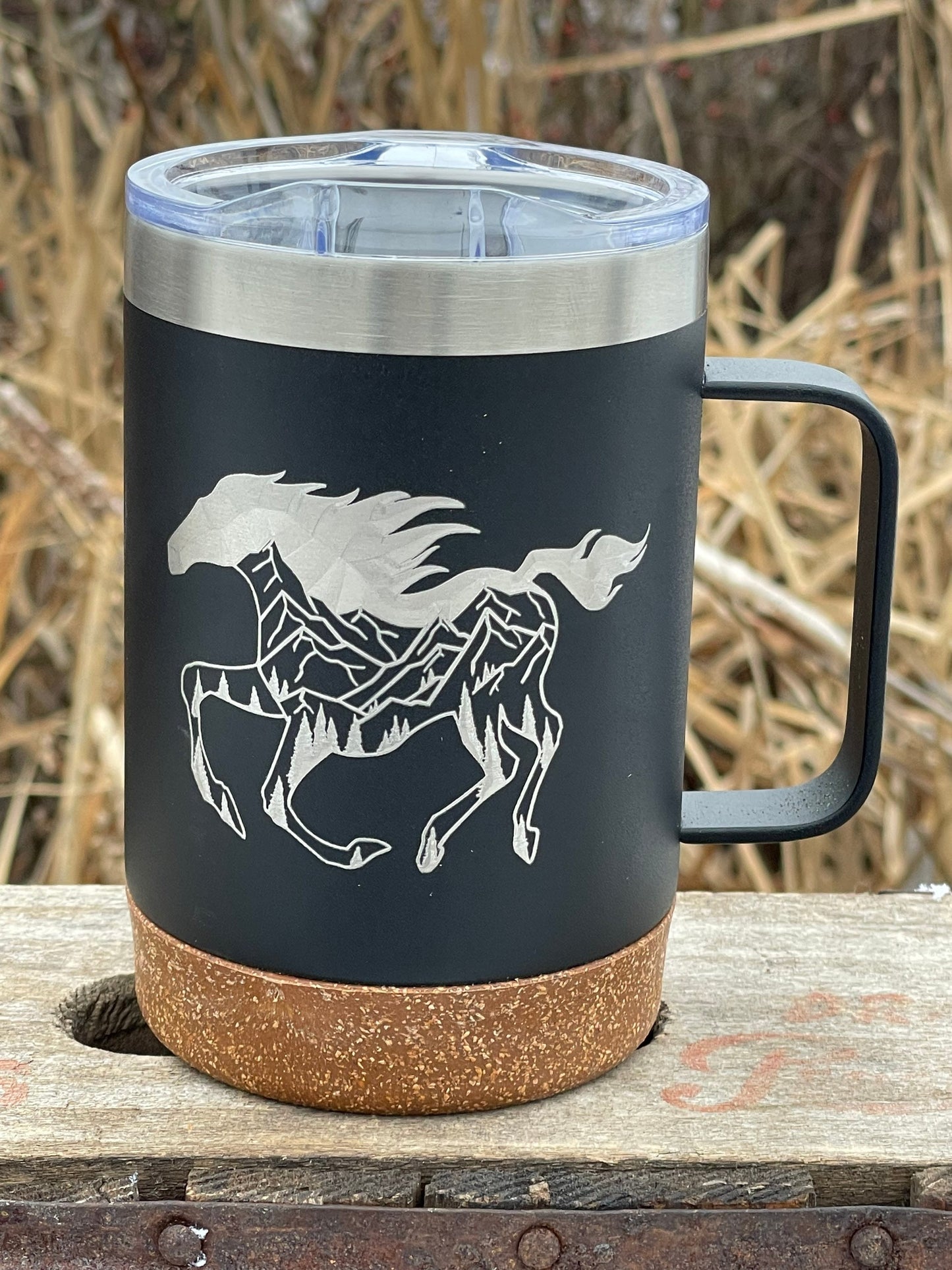 Insulated Cork Bottom Coffee Mug - Horse with Mountains and trees inside etched 16 OZ - Option to Personalize - BLACK