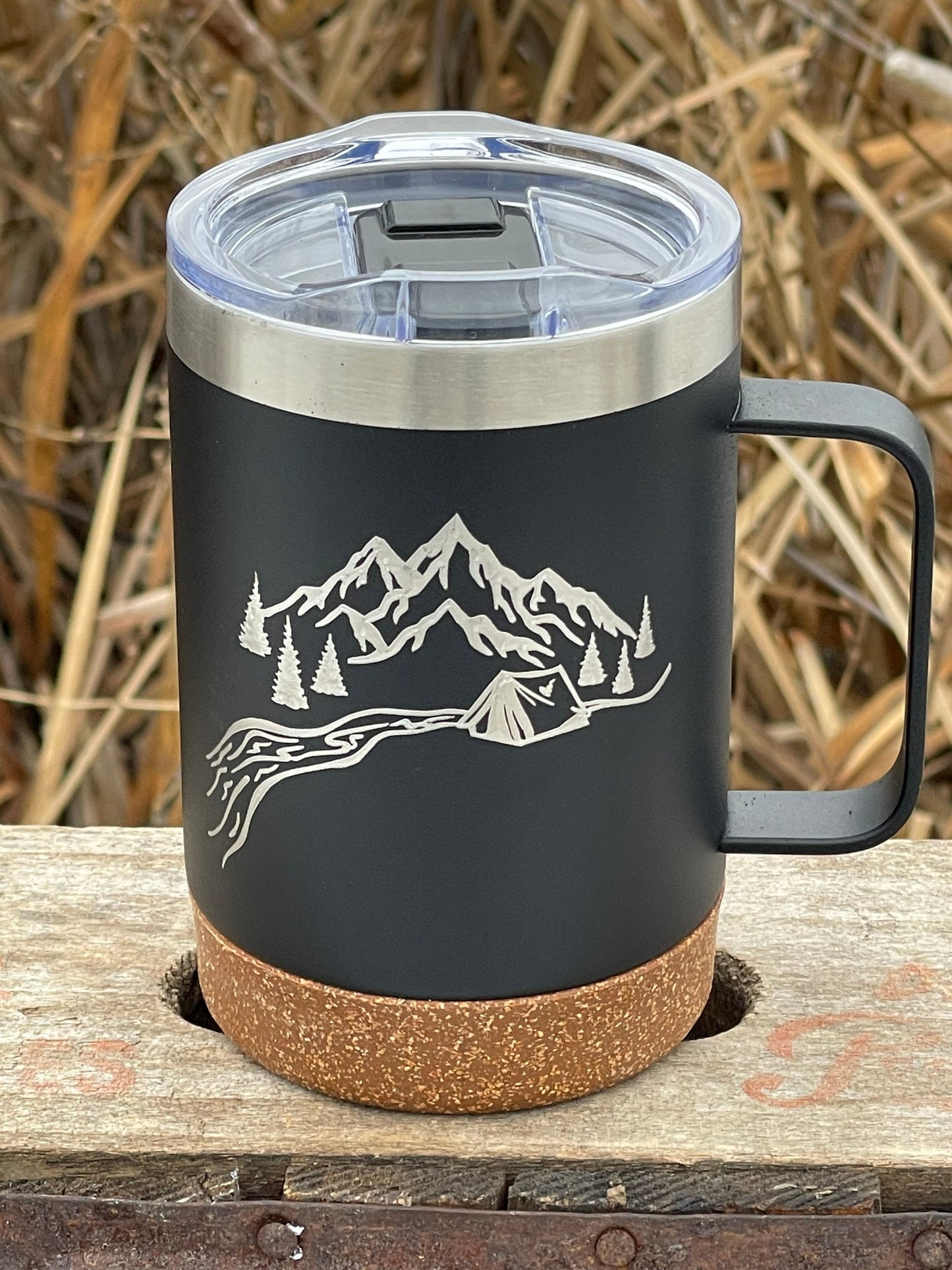 Insulated Cork Bottom Coffee Mug - Happy camper with tent mountains and trees etched 16 OZ - Option to Personalize - BLACK