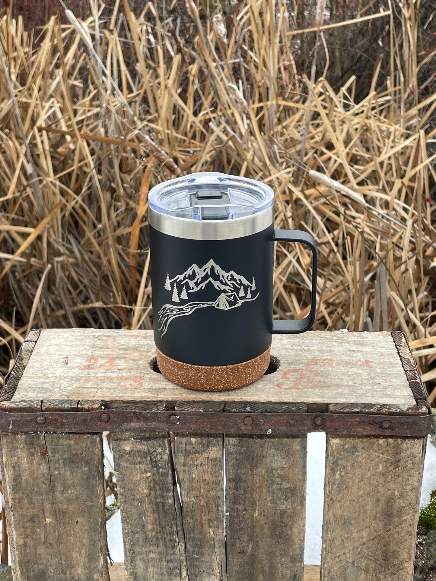 Insulated Cork Bottom Coffee Mug - Happy camper with tent mountains and trees etched 16 OZ - Option to Personalize - BLACK