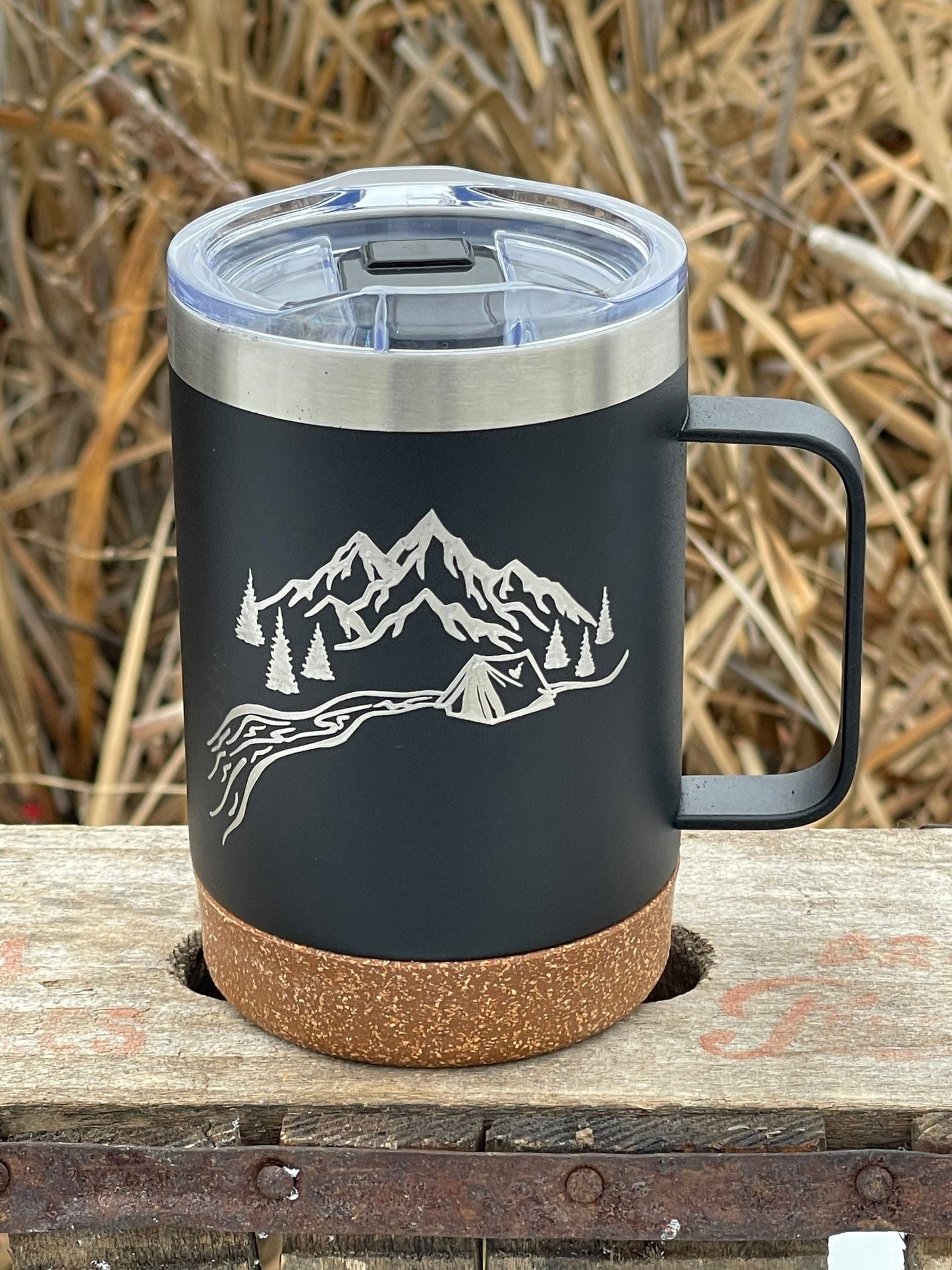 Insulated Cork Bottom Coffee Mug - Happy camper with tent mountains and trees etched 16 OZ - Option to Personalize - BLACK