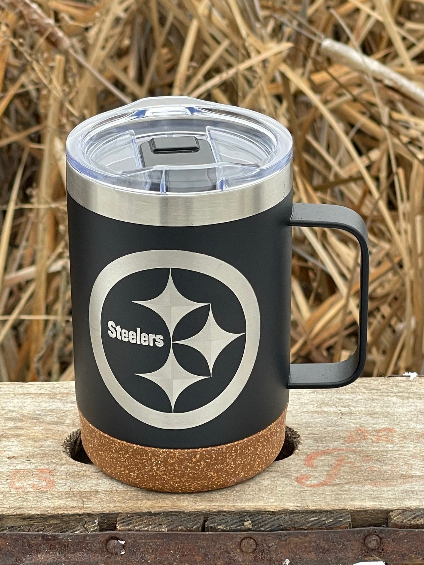 Insulated Cork Bottom Coffee Mug - Pittsburgh Steelers etched 16 OZ - Option to Personalize - BLACK