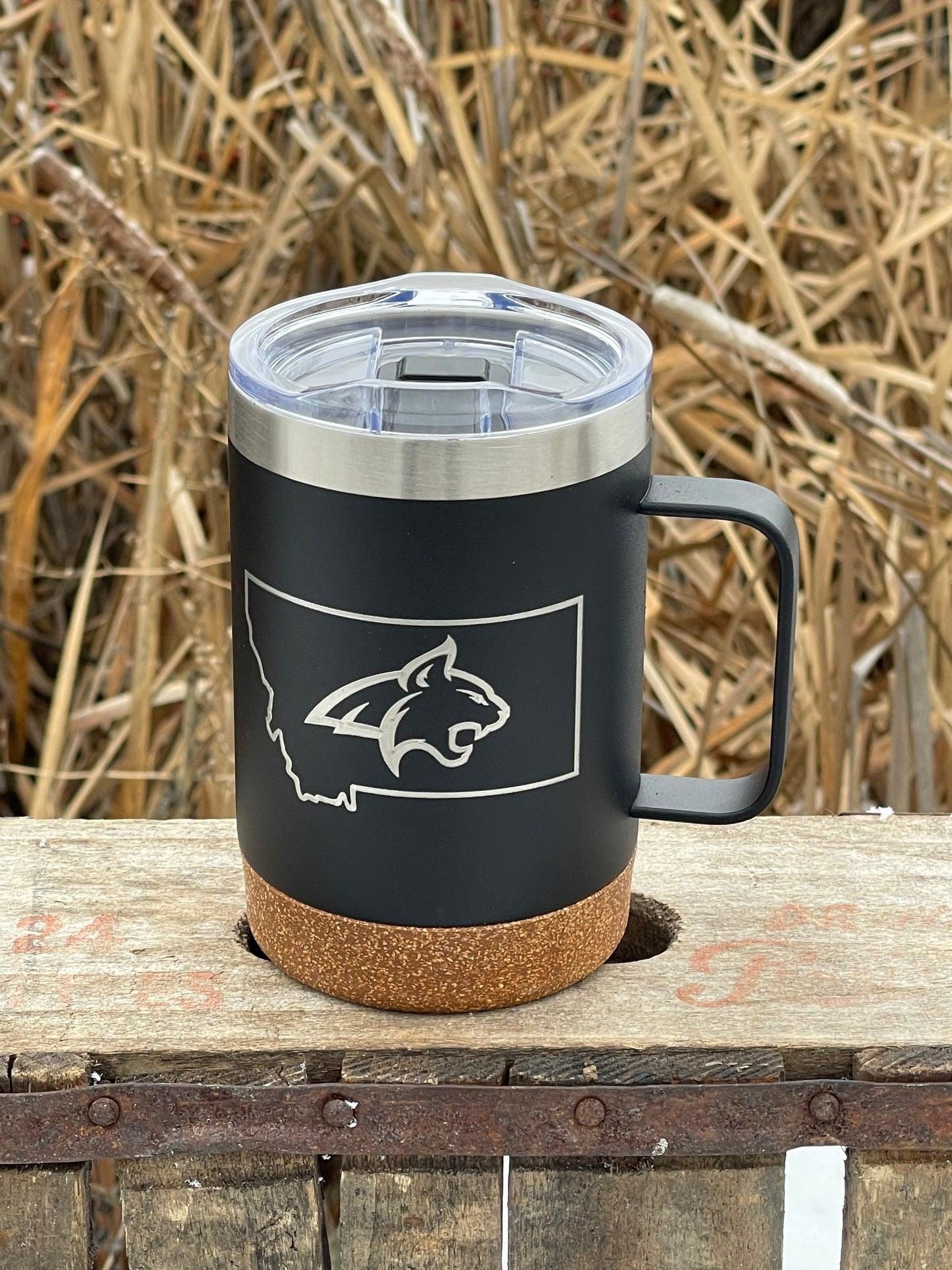 Insulated Cork Bottom Coffee Mug - Montana State University Bobcats - MSU - etched 16 OZ - Option to Personalize - BLACK