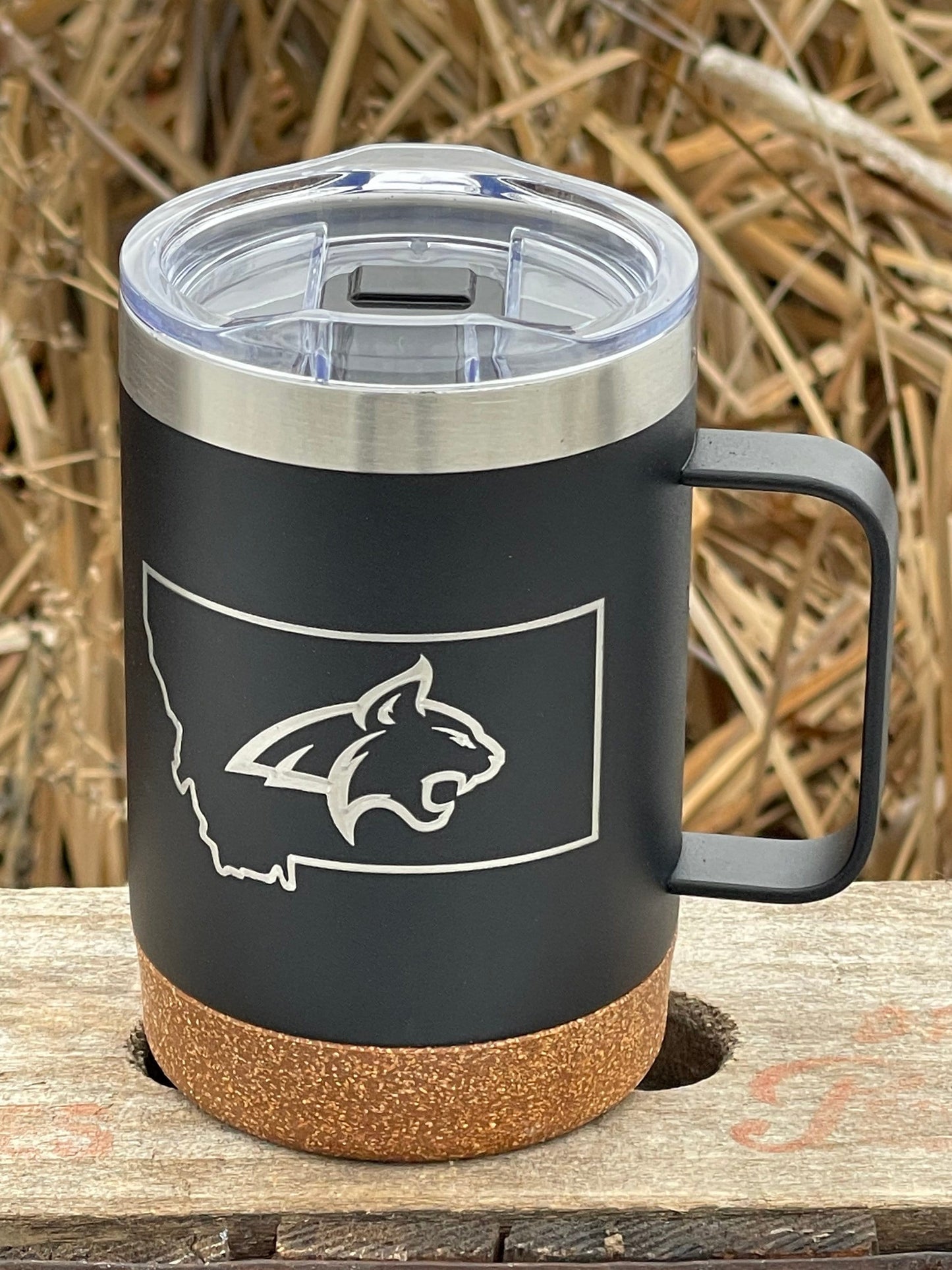 Insulated Cork Bottom Coffee Mug - Montana State University Bobcats - MSU - etched 16 OZ - Option to Personalize - BLACK