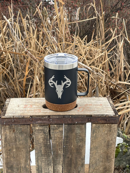 Insulated Cork Bottom Coffee Mug - Deer Skull - Buck Skull - etched 16 OZ - Option to Personalize - BLACK