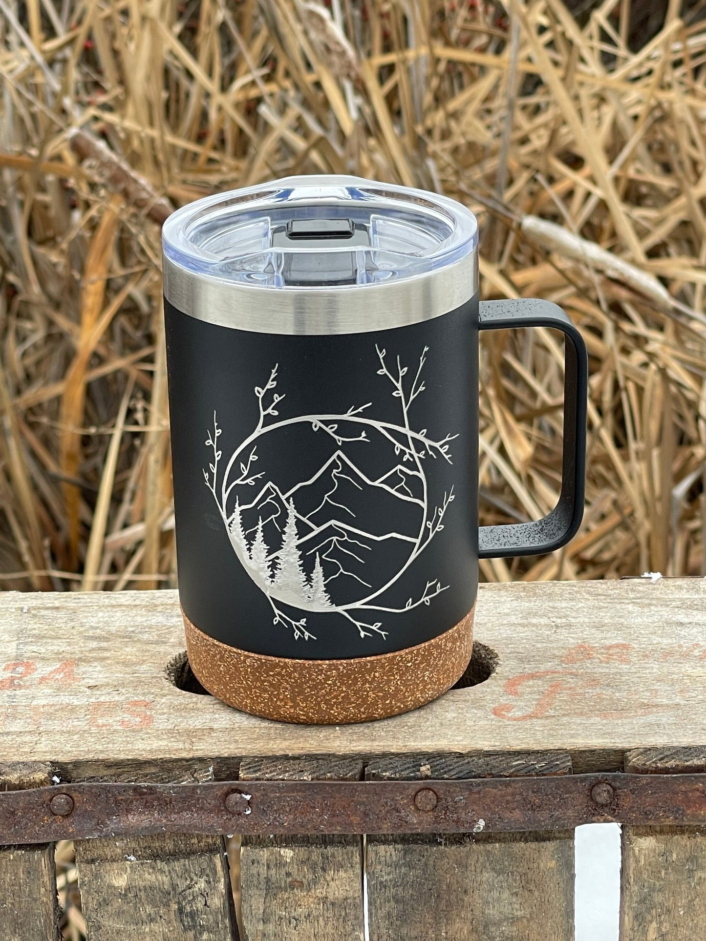 Insulated Cork Bottom Coffee Mug - Branches encircling Mountains and trees - etched 16 OZ - Option to Personalize - BLACK