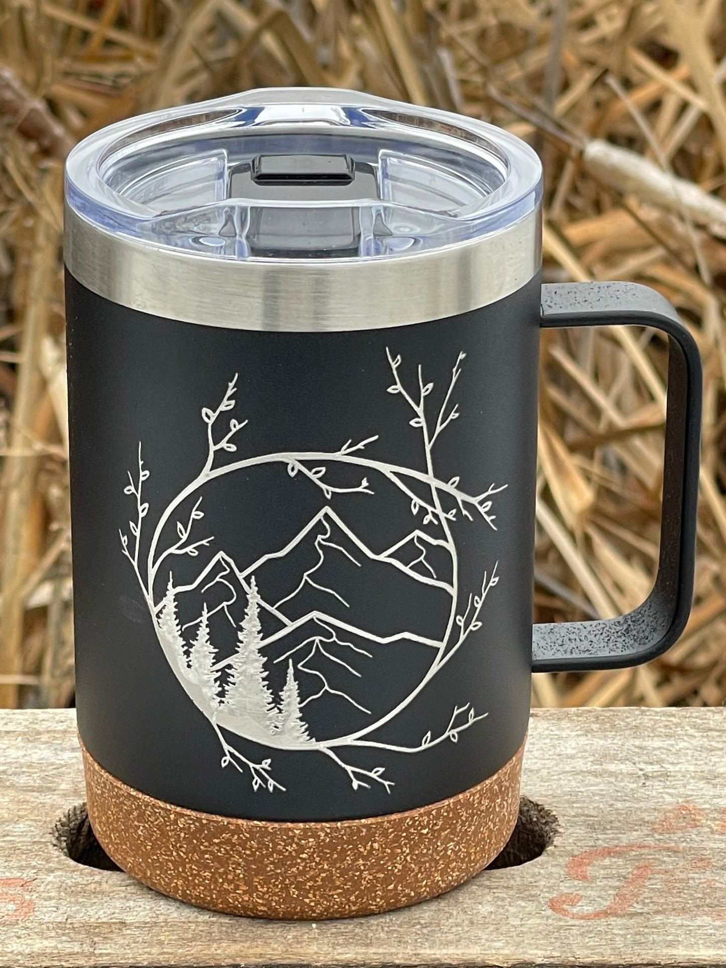 Insulated Cork Bottom Coffee Mug - Branches encircling Mountains and trees - etched 16 OZ - Option to Personalize - BLACK