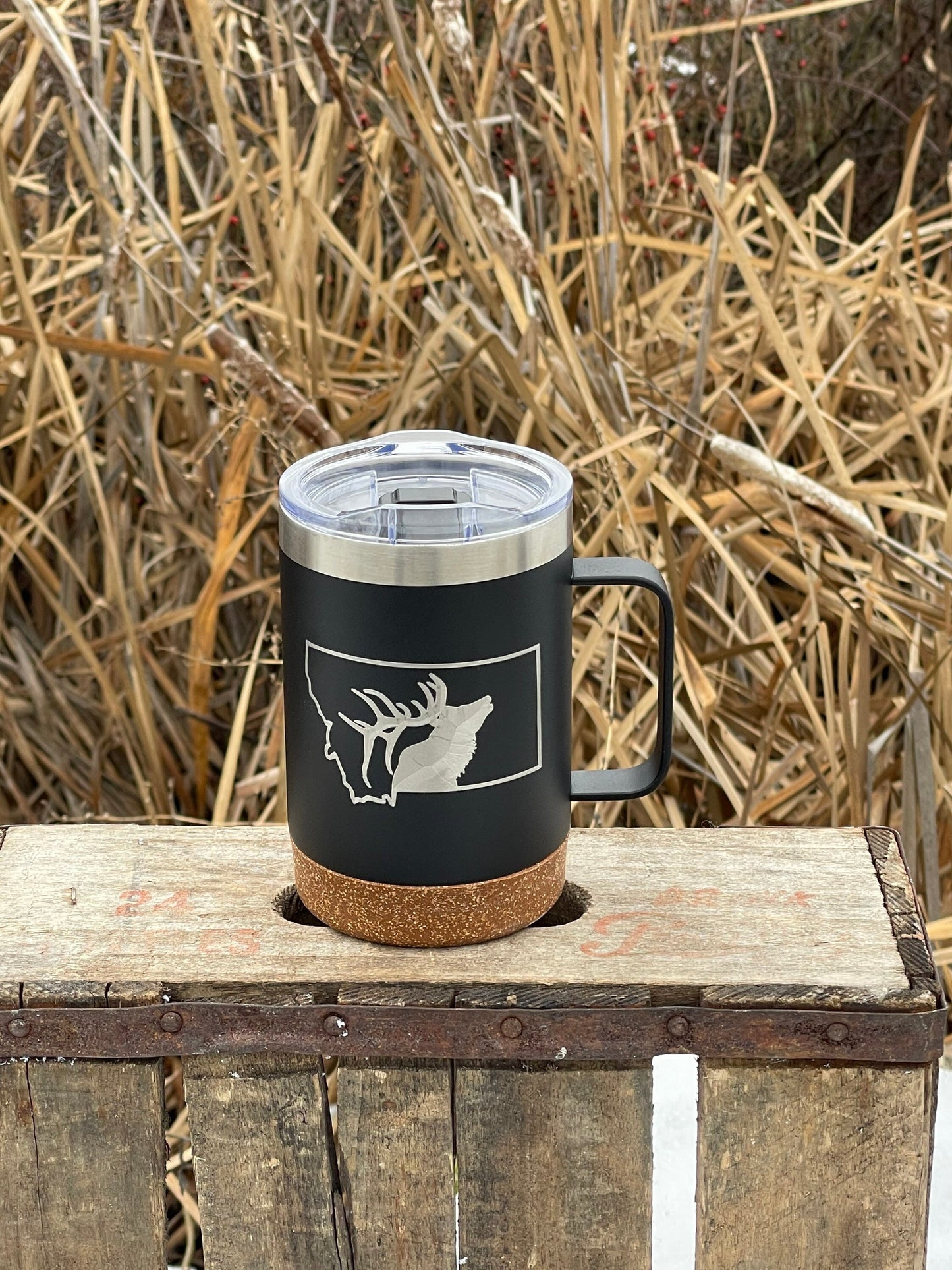 Insulated Cork Bottom Coffee Mug - Elk in Montana State - etched 16 OZ - Option to Personalize - BLACK