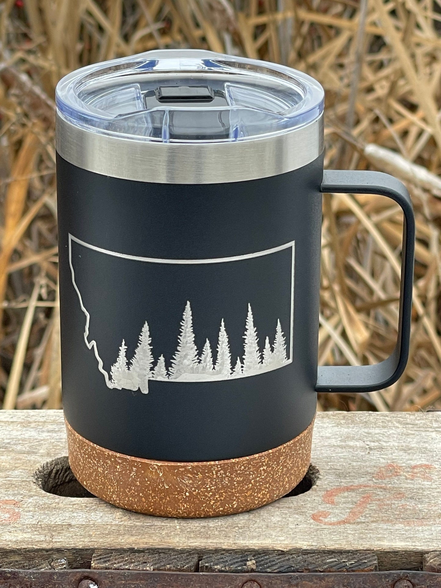 Insulated Cork Bottom Coffee Mug - Evergreen Trees in Montana State - etched 16 OZ - Option to Personalize - BLACK