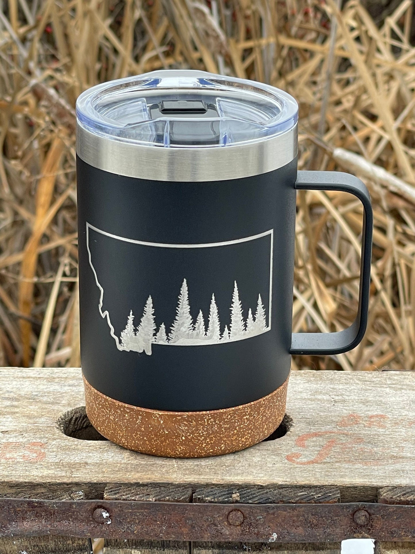 Insulated Cork Bottom Coffee Mug - Evergreen Trees in Montana State - etched 16 OZ - Option to Personalize - BLACK