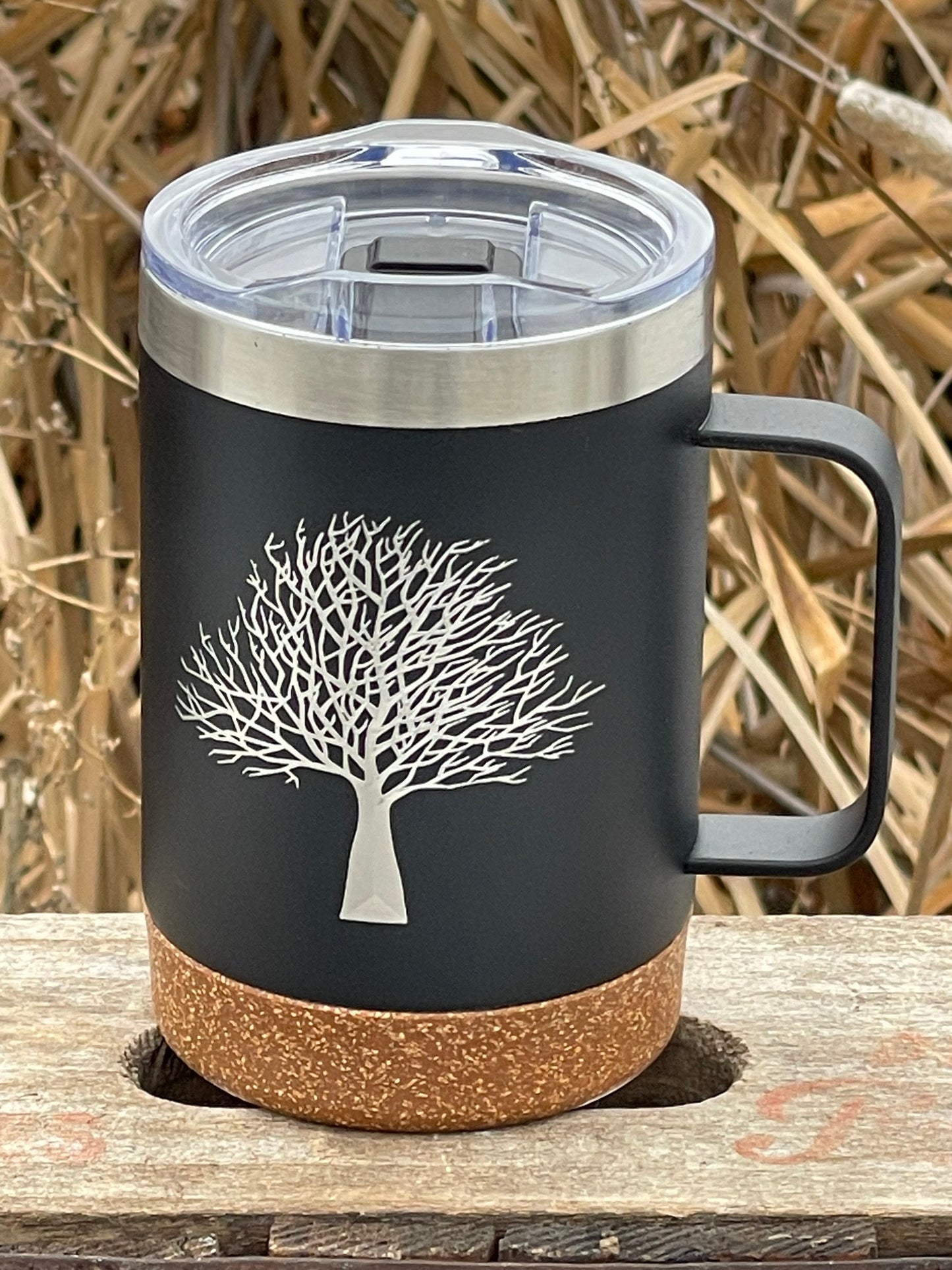 Insulated Cork Bottom Coffee Mug - Tree design - etched 16 OZ - Option to Personalize - BLACK