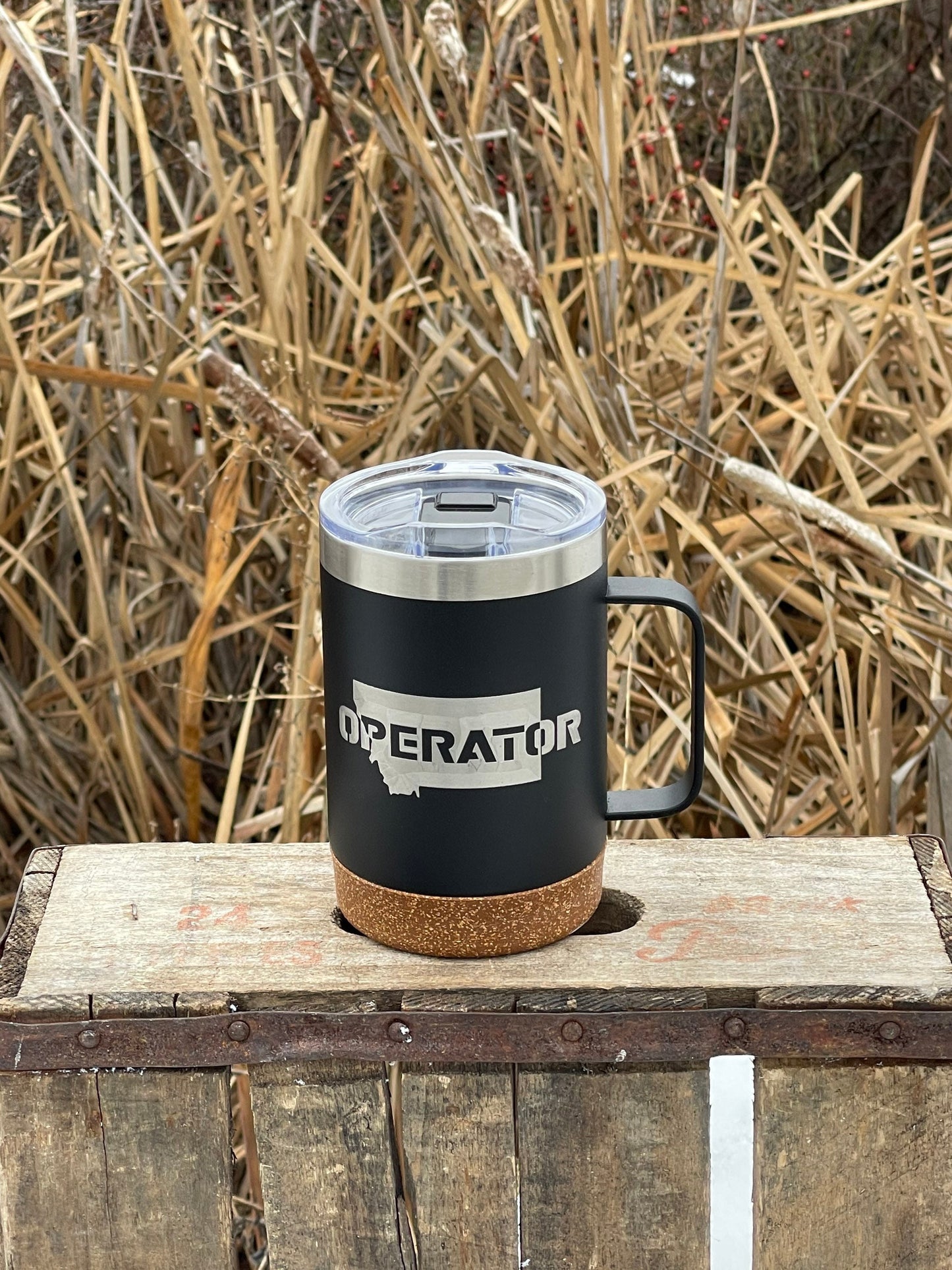 Insulated Cork Bottom Coffee Mug - Heavy Equipment Operator Montana design - etched 16 OZ - Option to Personalize - BLACK