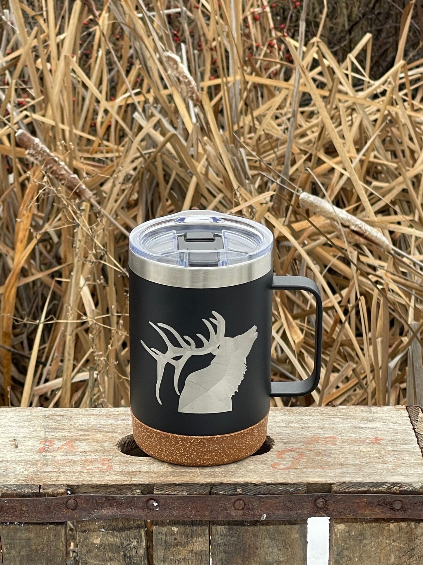 Insulated Cork Bottom Coffee Mug - Elk design - etched 16 OZ - Option to Personalize - BLACK