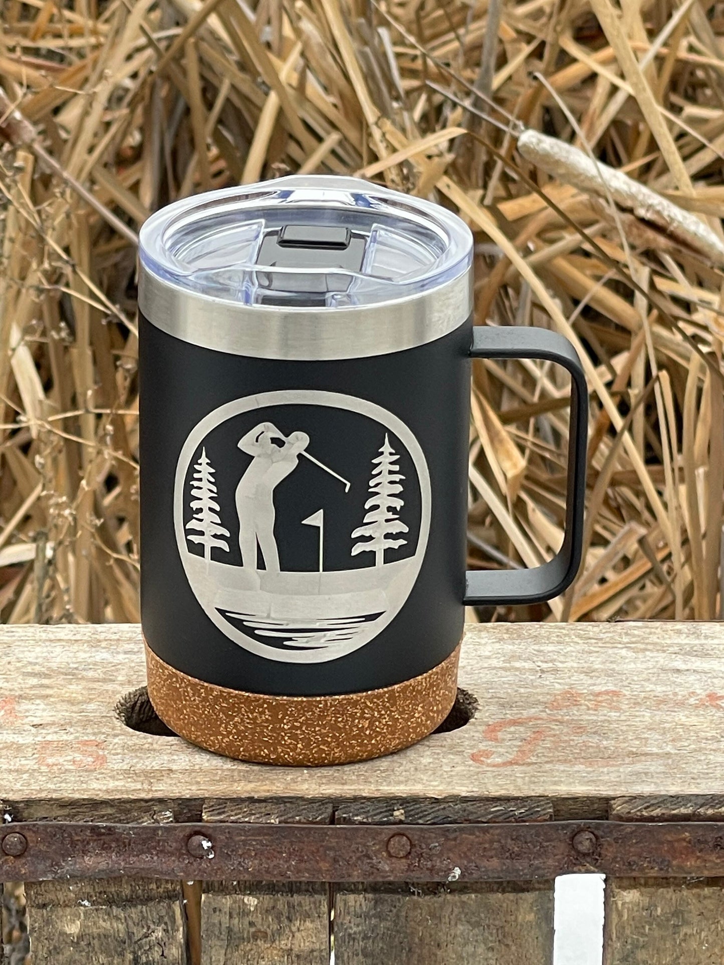 Insulated Cork Bottom Coffee Mug - Golf design - etched 16 OZ - Option to Personalize - BLACK