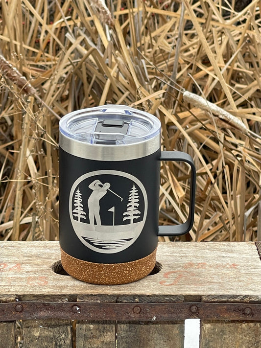 Insulated Cork Bottom Coffee Mug - Golf design - etched 16 OZ - Option to Personalize - BLACK