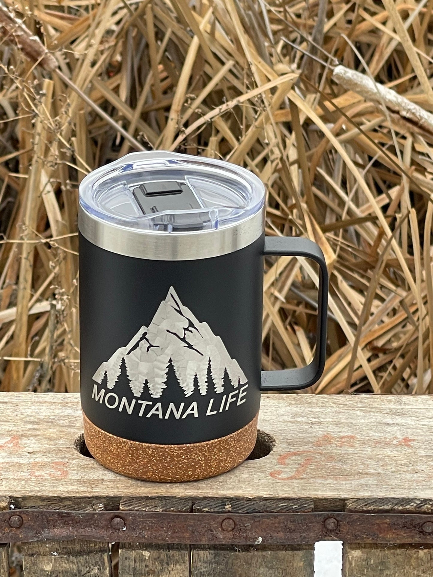 Insulated Cork Bottom Coffee Mug - Montana Life design - etched 16 OZ - Option to Personalize - BLACK - other states available