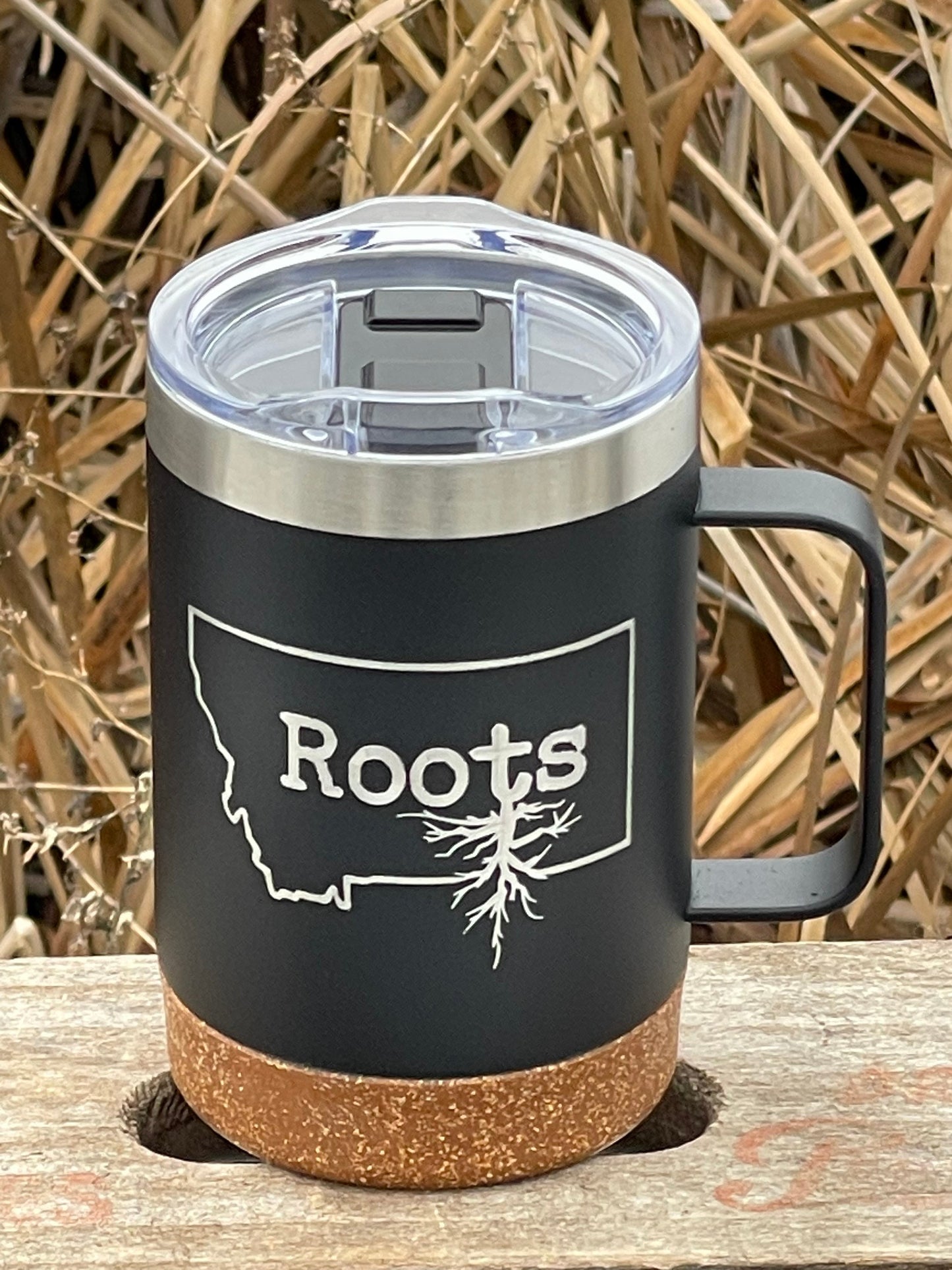 Insulated Cork Bottom Coffee Mug - Montana Roots design - etched 16 OZ - Option to Personalize - BLACK - other states available