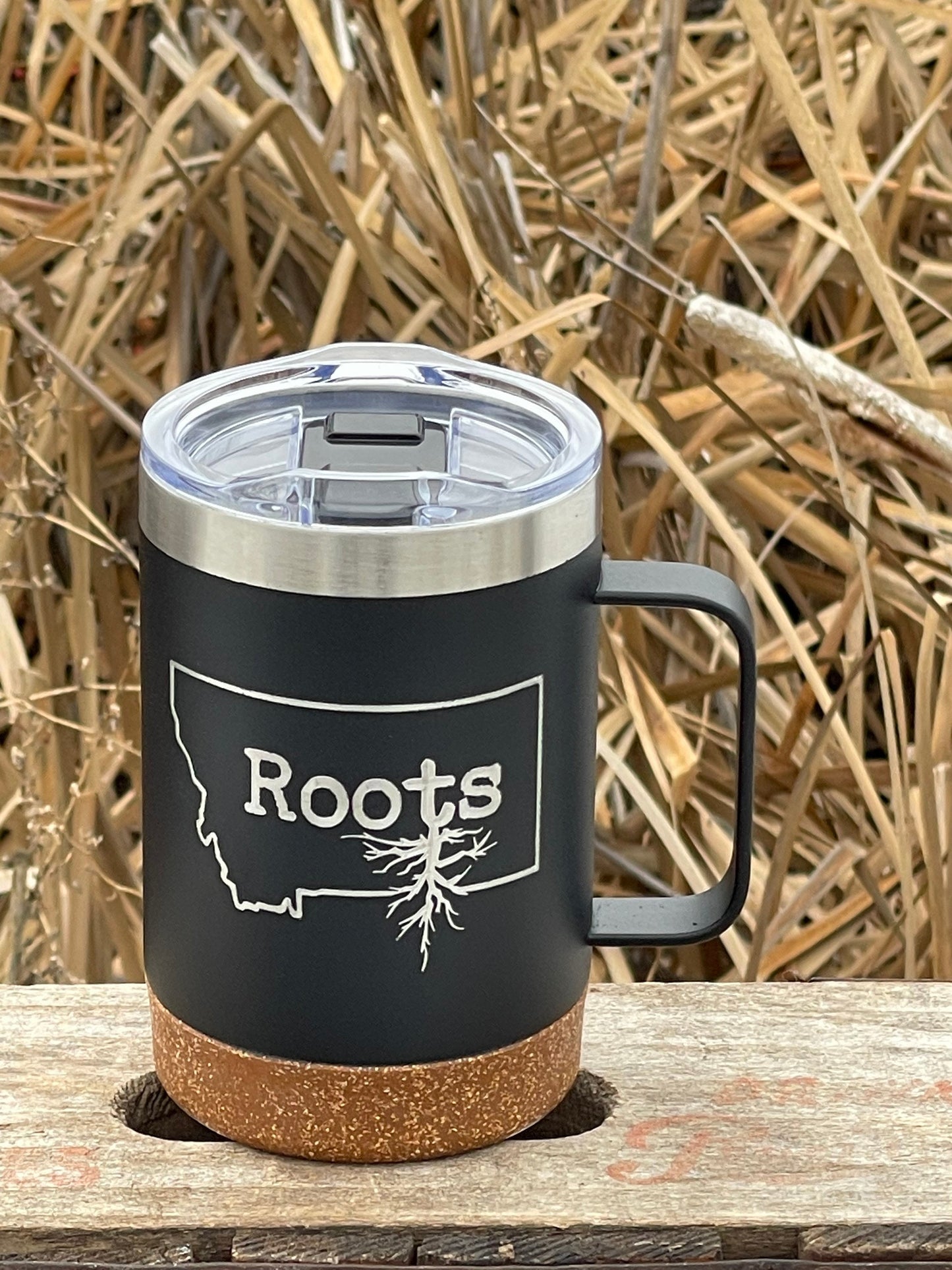 Insulated Cork Bottom Coffee Mug - Montana Roots design - etched 16 OZ - Option to Personalize - BLACK - other states available