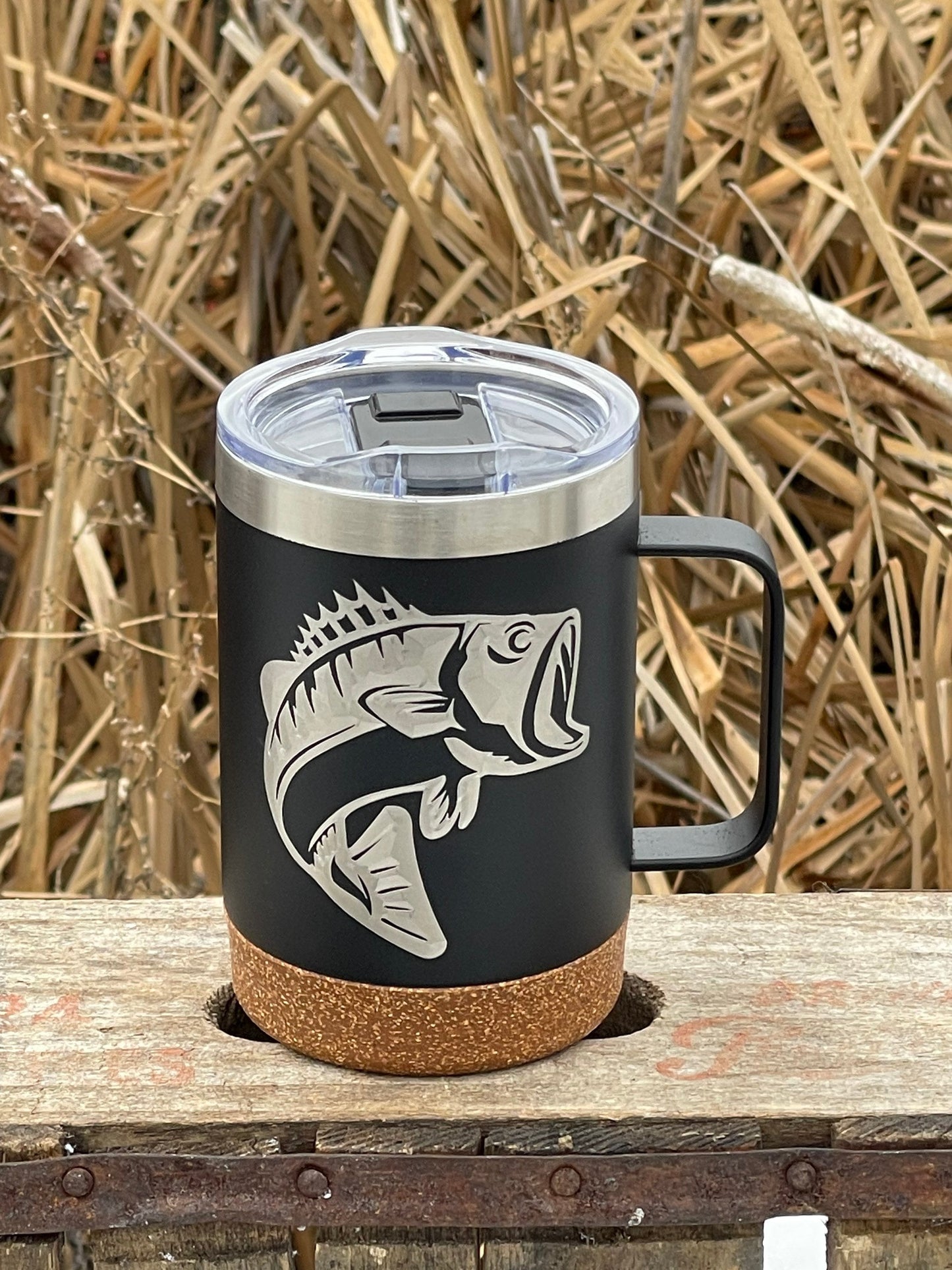 Insulated Cork Bottom Coffee Mug - Bass fish design - etched 16 OZ - Option to Personalize - BLACK