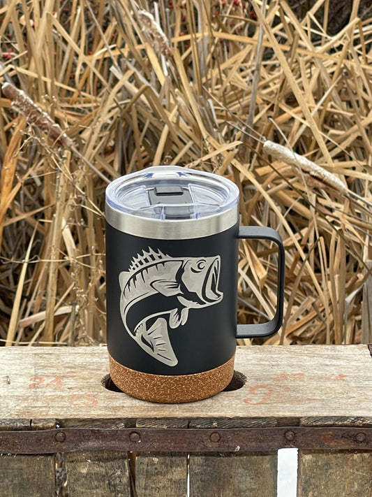 Insulated Cork Bottom Coffee Mug - Bass fish design - etched 16 OZ - Option to Personalize - BLACK