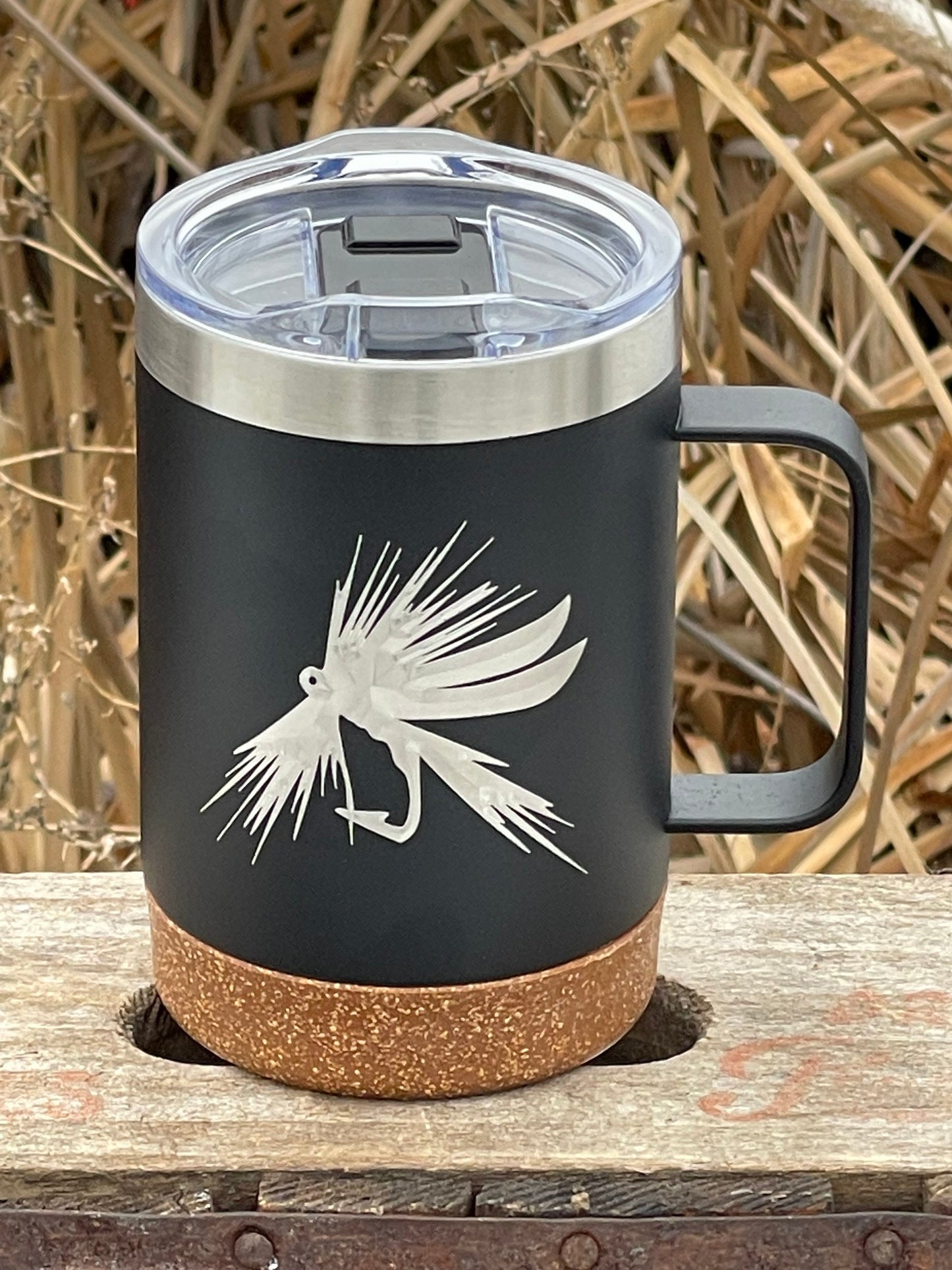 Insulated Cork Bottom Coffee Mug - Fly fishing fly design - etched 16 OZ - Option to Personalize - BLACK