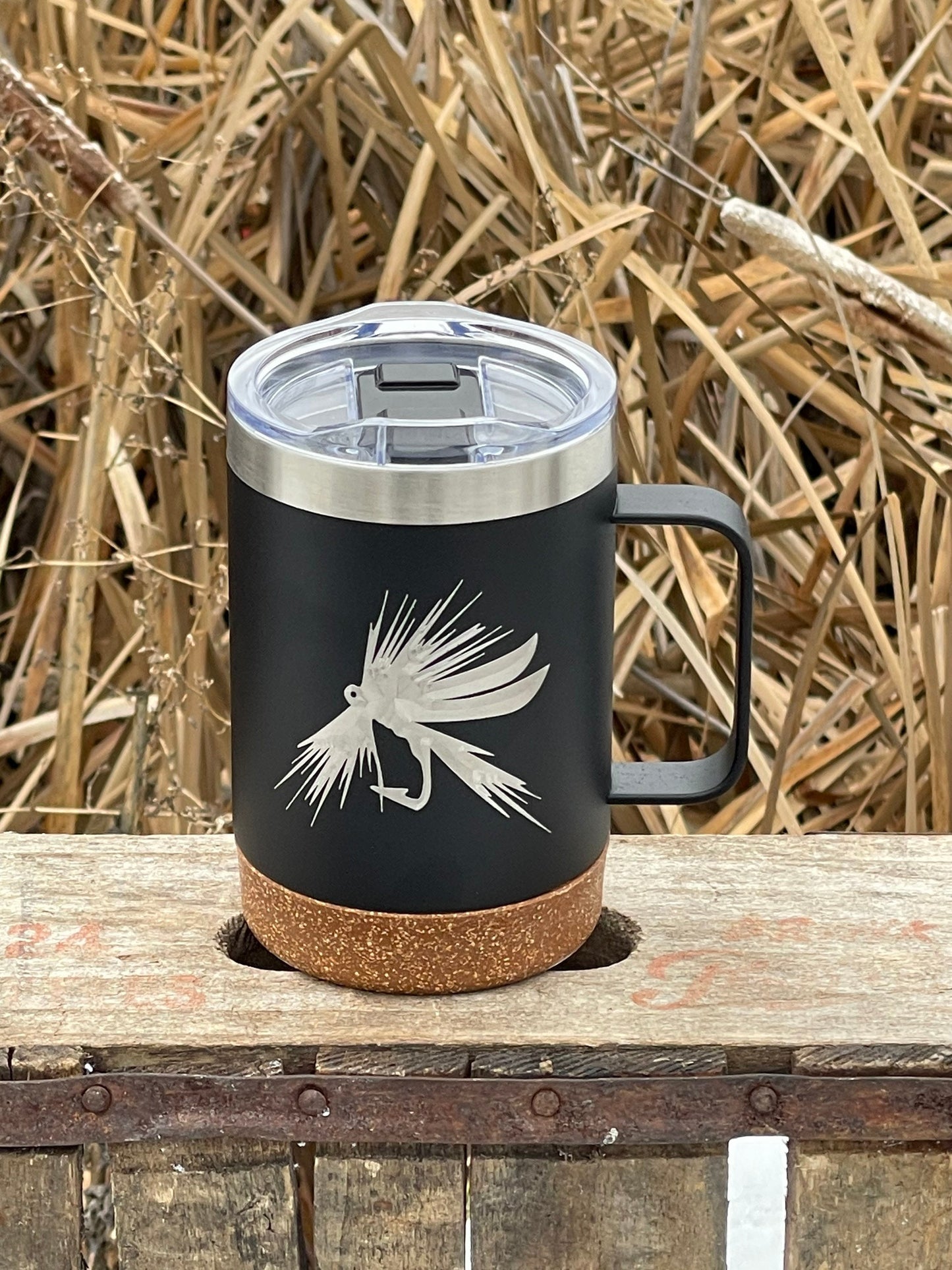 Insulated Cork Bottom Coffee Mug - Fly fishing fly design - etched 16 OZ - Option to Personalize - BLACK