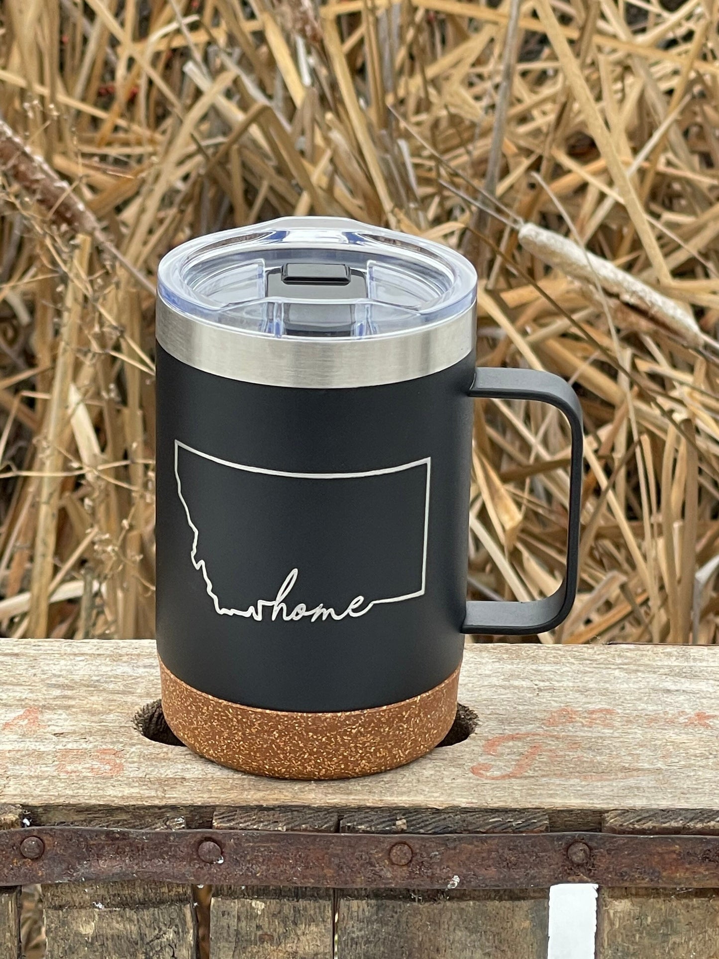 Insulated Cork Bottom Coffee Mug - Montana Home design - etched 16 OZ - Option to Personalize - BLACK - other states available