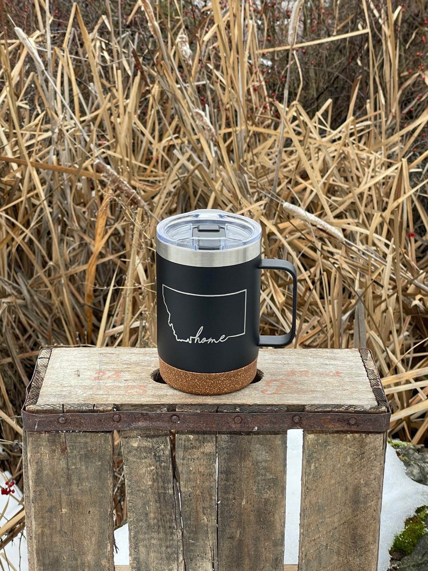 Insulated Cork Bottom Coffee Mug - Montana Home design - etched 16 OZ - Option to Personalize - BLACK - other states available