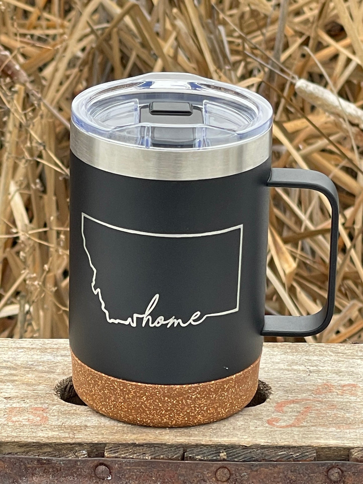 Insulated Cork Bottom Coffee Mug - Montana Home design - etched 16 OZ - Option to Personalize - BLACK - other states available