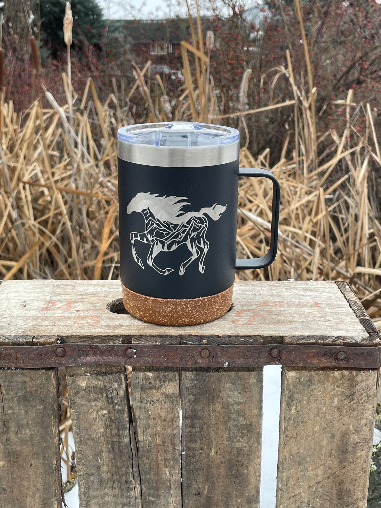 Insulated Cork Bottom Coffee Mug - Horse with Mountains and trees inside etched 16 OZ - Option to Personalize - BLACK