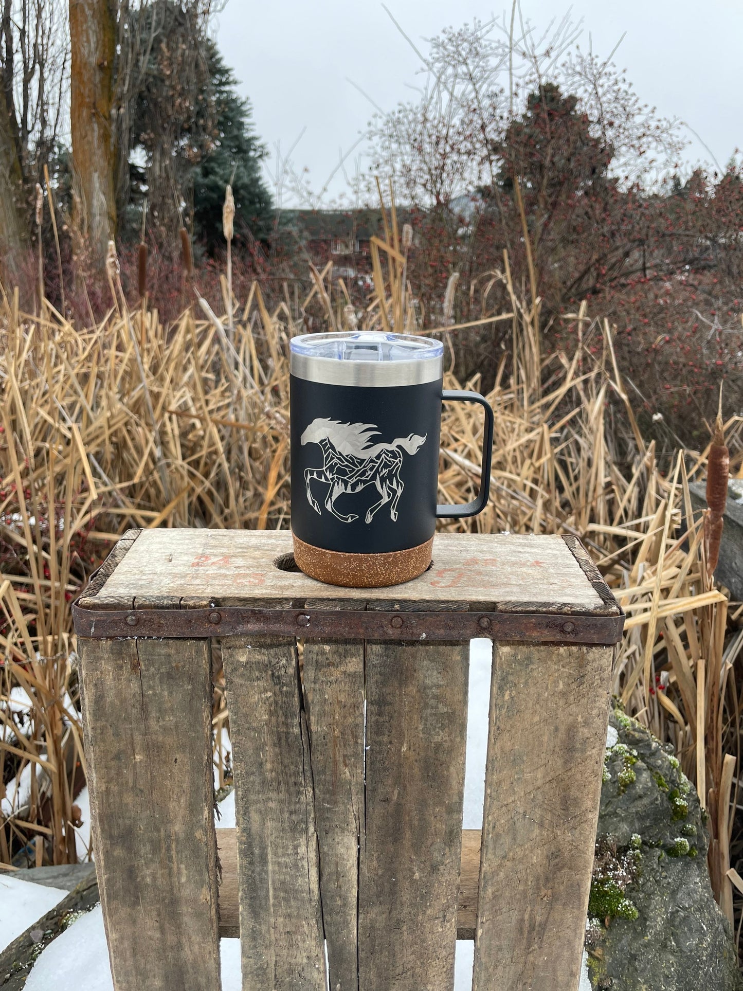 Insulated Cork Bottom Coffee Mug - Horse with Mountains and trees inside etched 16 OZ - Option to Personalize - BLACK