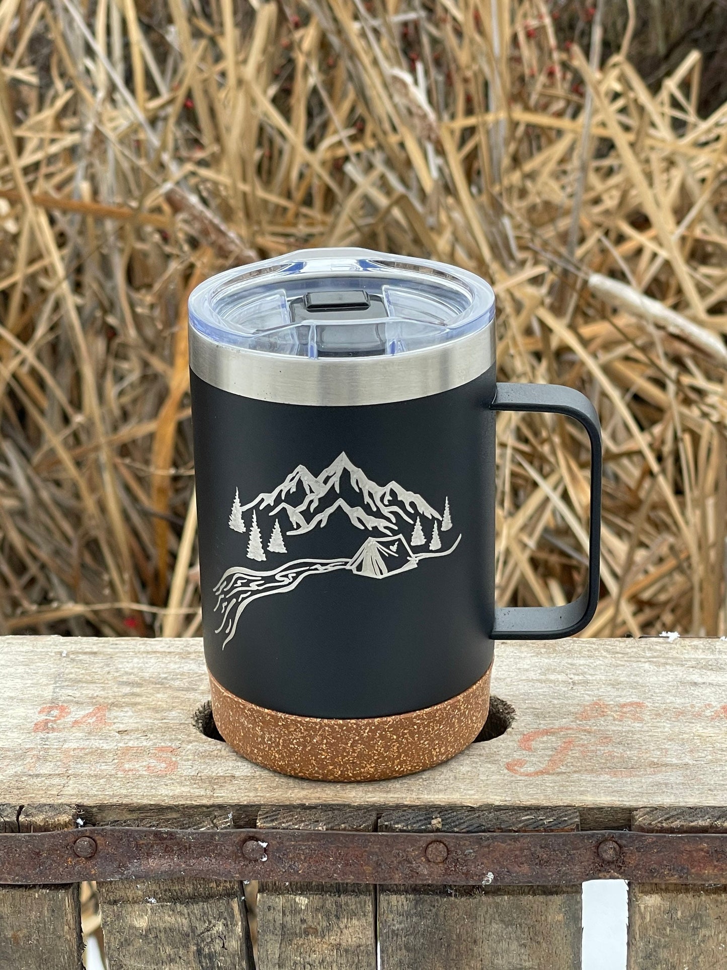 Insulated Cork Bottom Coffee Mug - Happy camper with tent mountains and trees etched 16 OZ - Option to Personalize - BLACK