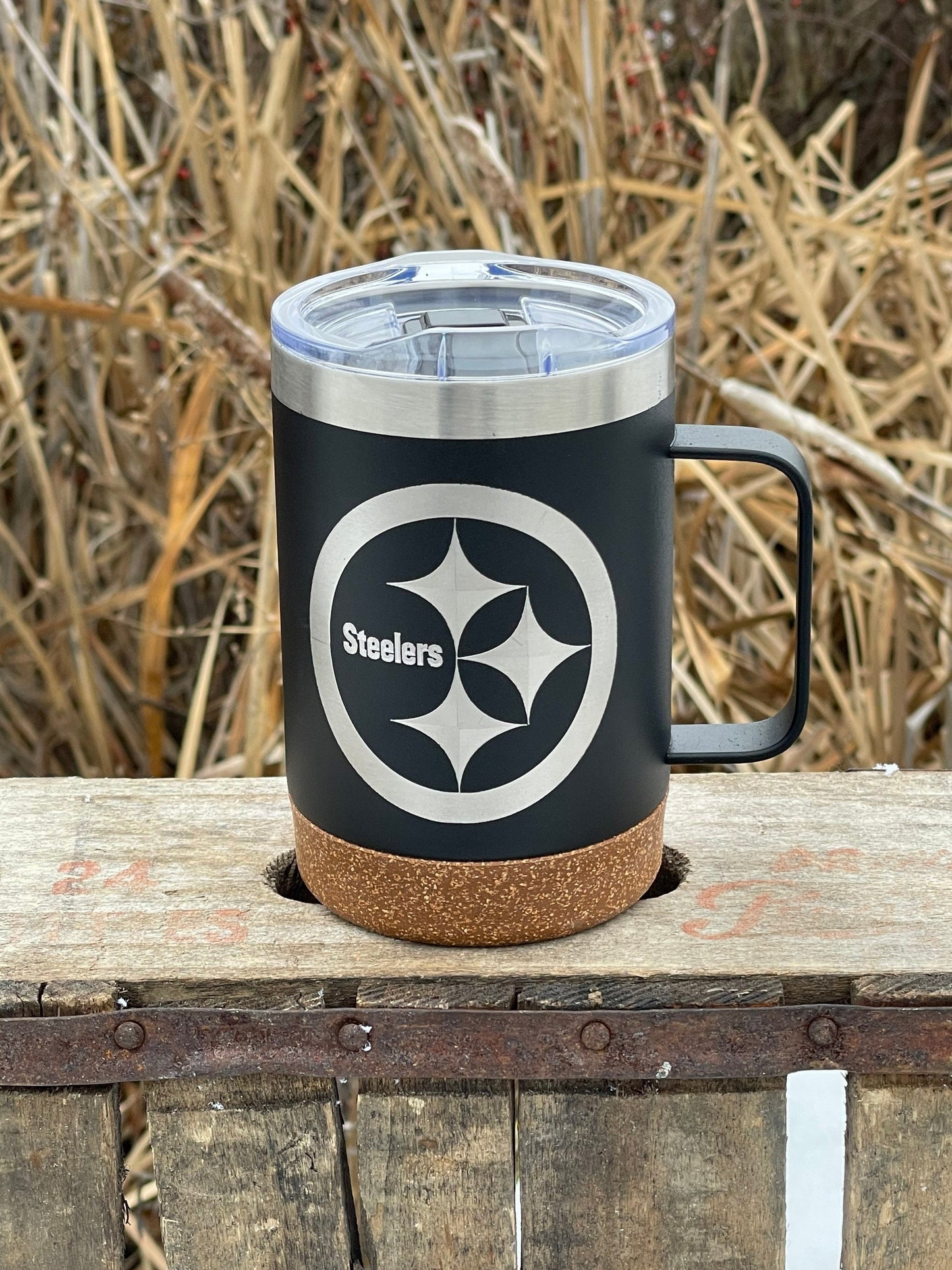 Insulated Cork Bottom Coffee Mug - Pittsburgh Steelers etched 16 OZ - Option to Personalize - BLACK