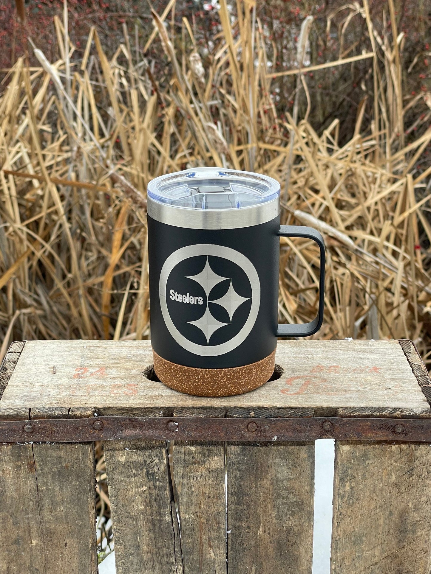 Insulated Cork Bottom Coffee Mug - Pittsburgh Steelers etched 16 OZ - Option to Personalize - BLACK