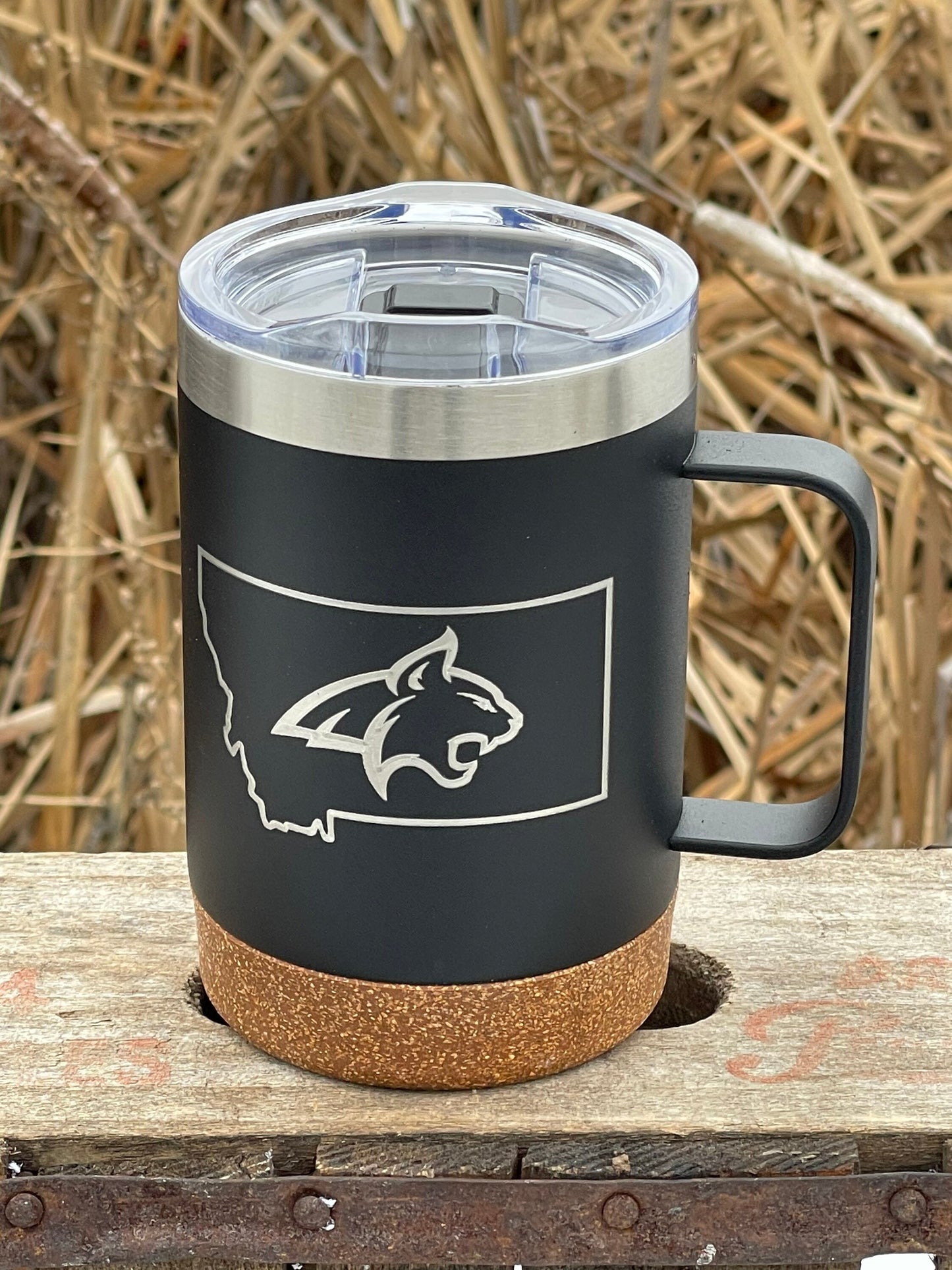 Insulated Cork Bottom Coffee Mug - Montana State University Bobcats - MSU - etched 16 OZ - Option to Personalize - BLACK