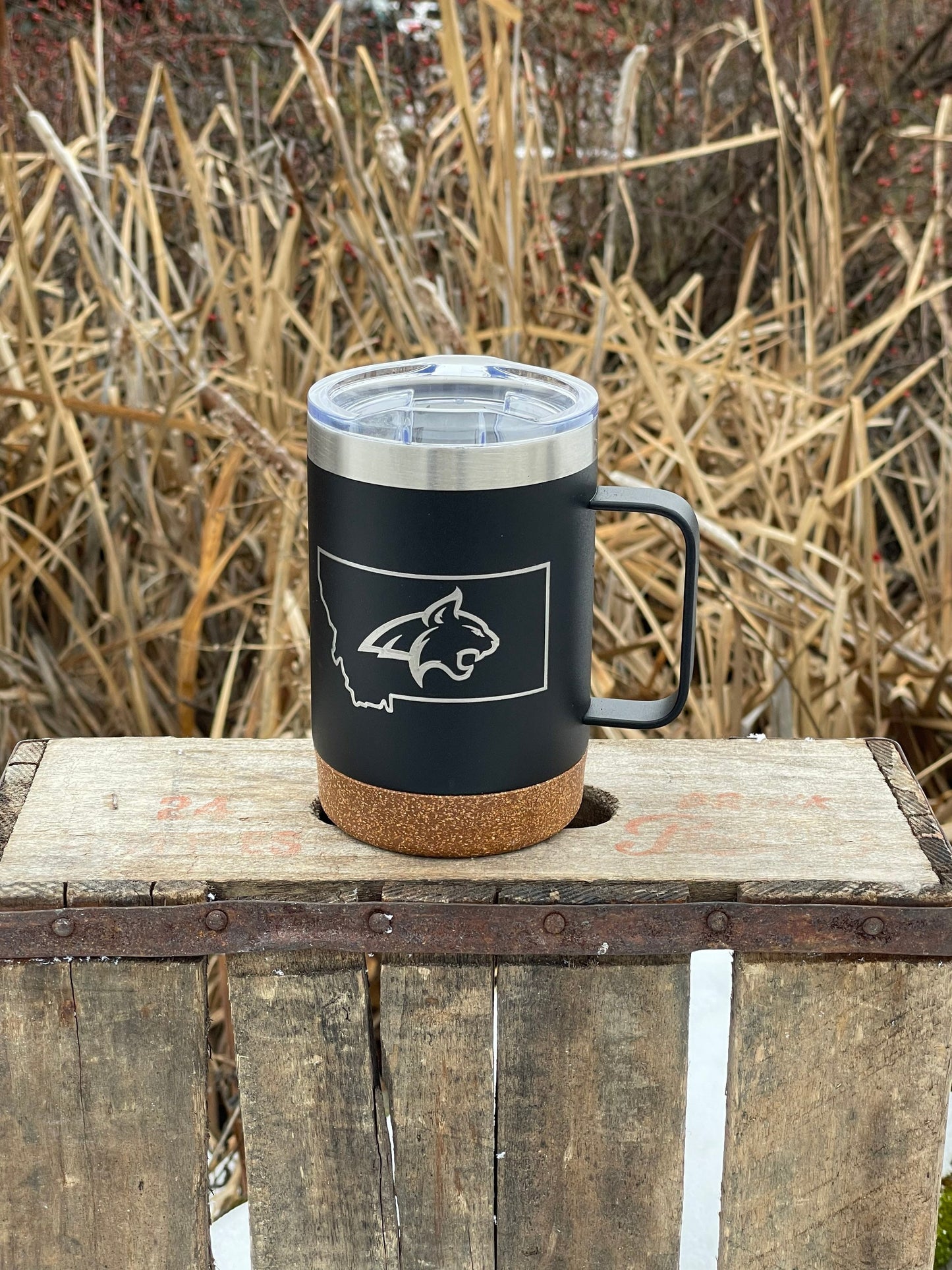 Insulated Cork Bottom Coffee Mug - Montana State University Bobcats - MSU - etched 16 OZ - Option to Personalize - BLACK