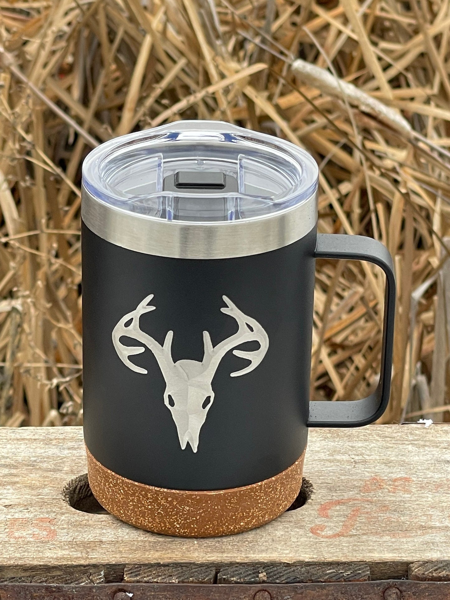 Insulated Cork Bottom Coffee Mug - Deer Skull - Buck Skull - etched 16 OZ - Option to Personalize - BLACK