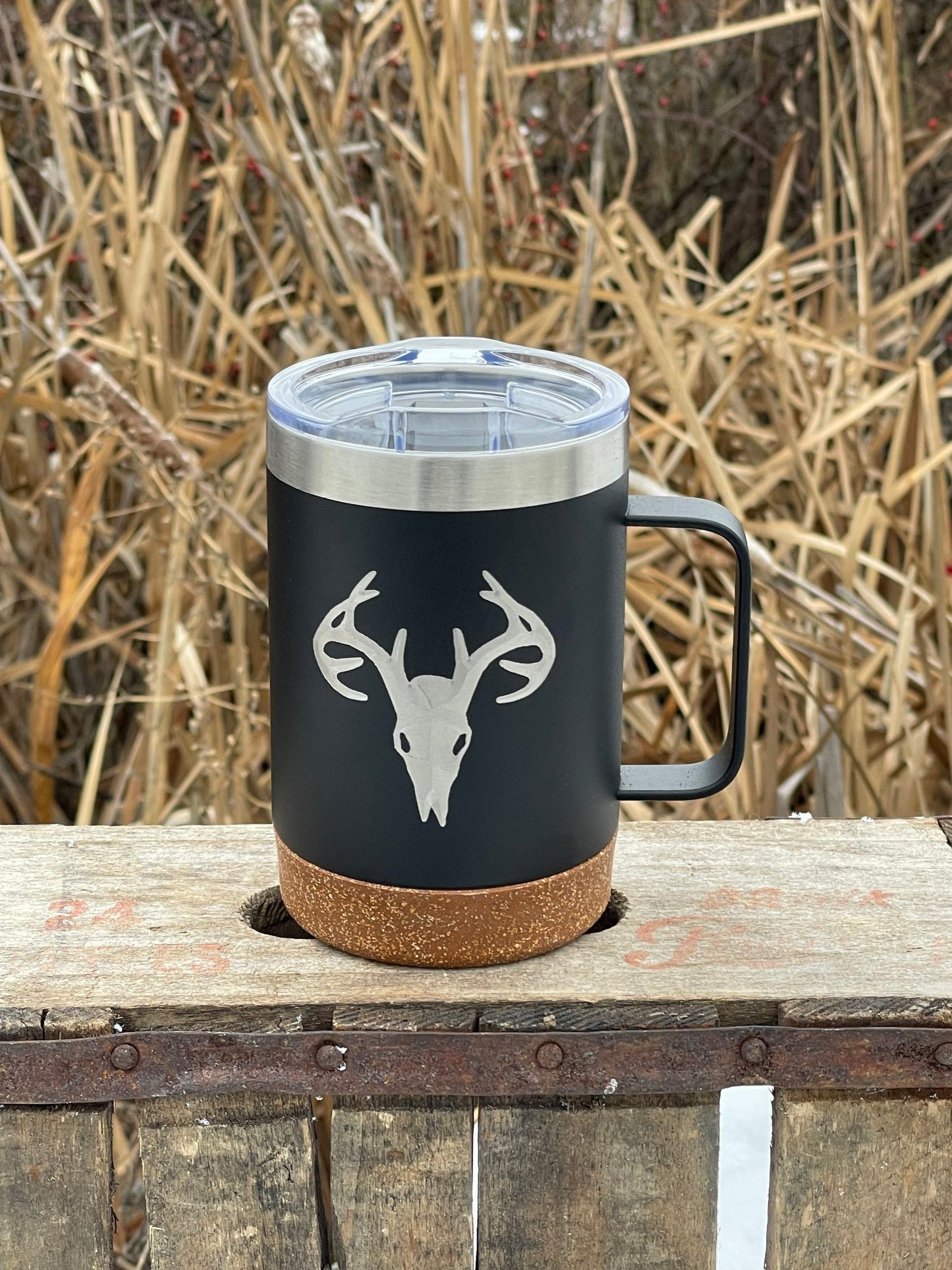 Insulated Cork Bottom Coffee Mug - Deer Skull - Buck Skull - etched 16 OZ - Option to Personalize - BLACK