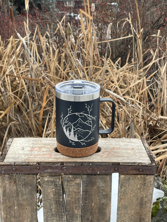 Insulated Cork Bottom Coffee Mug - Branches encircling Mountains and trees - etched 16 OZ - Option to Personalize - BLACK