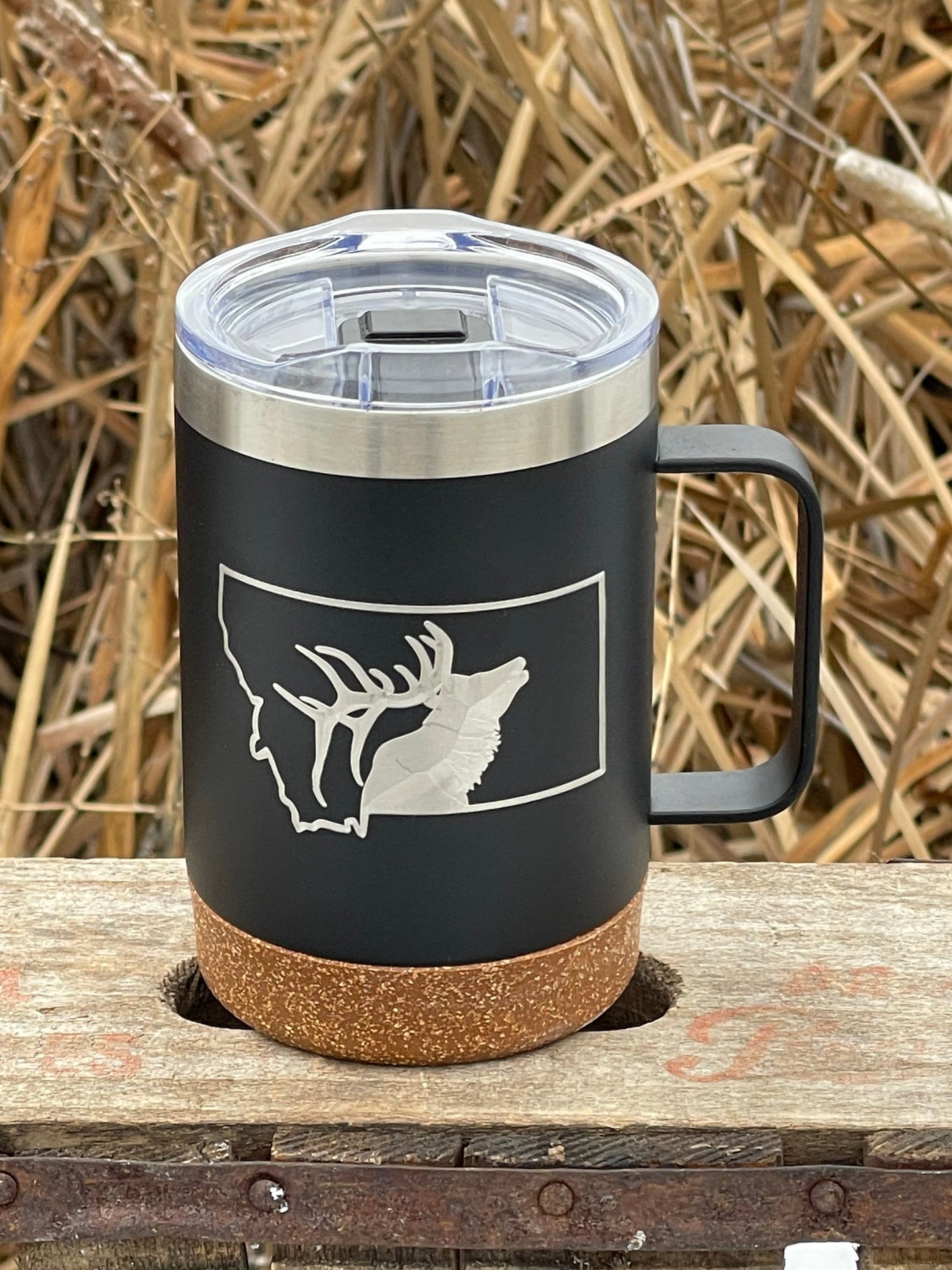 Insulated Cork Bottom Coffee Mug - Elk in Montana State - etched 16 OZ - Option to Personalize - BLACK