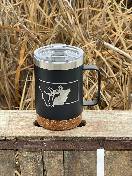 Insulated Cork Bottom Coffee Mug - Elk in Montana State - etched 16 OZ - Option to Personalize - BLACK