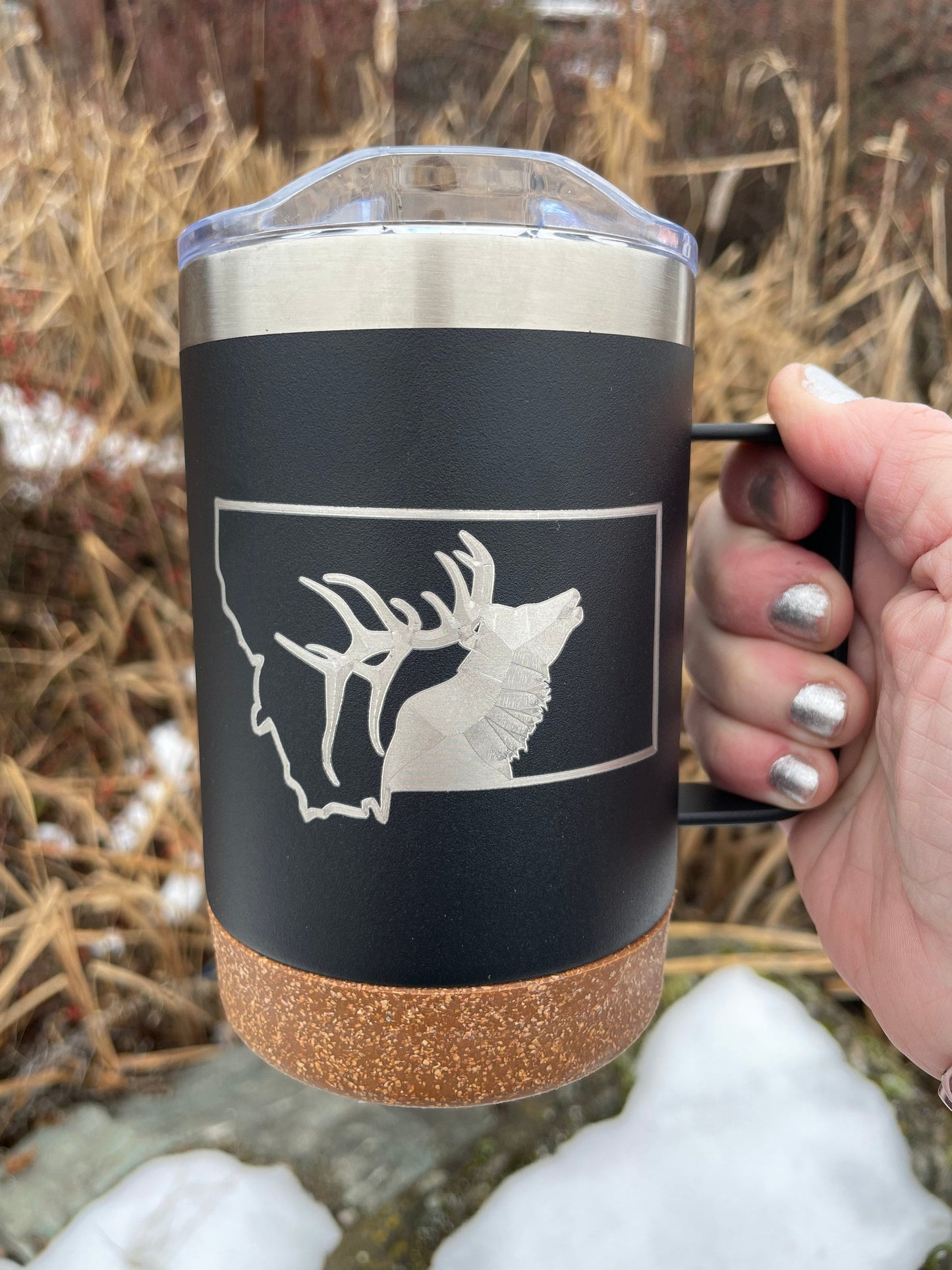 Insulated Cork Bottom Coffee Mug - Elk in Montana State - etched 16 OZ - Option to Personalize - BLACK