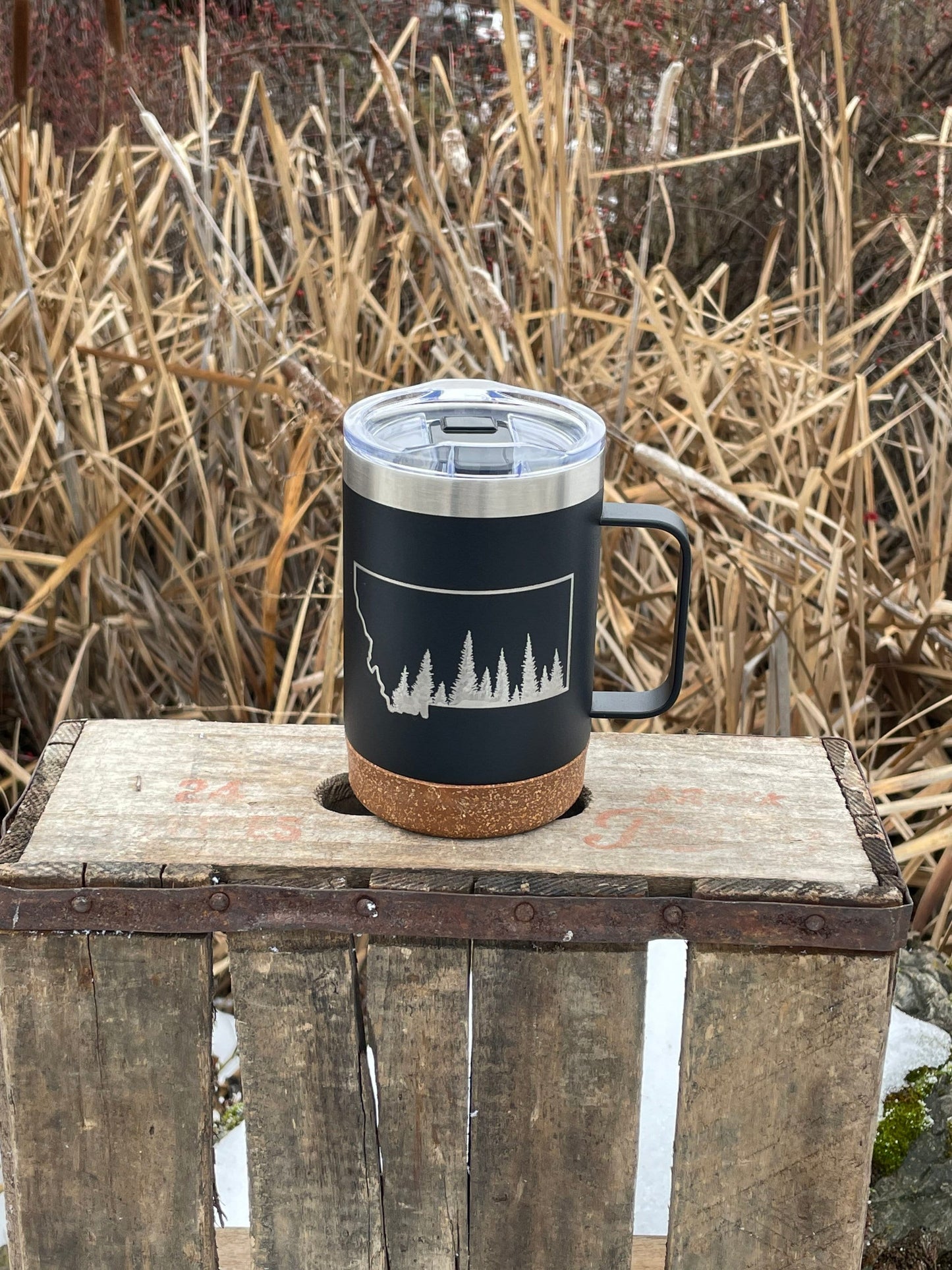 Insulated Cork Bottom Coffee Mug - Evergreen Trees in Montana State - etched 16 OZ - Option to Personalize - BLACK