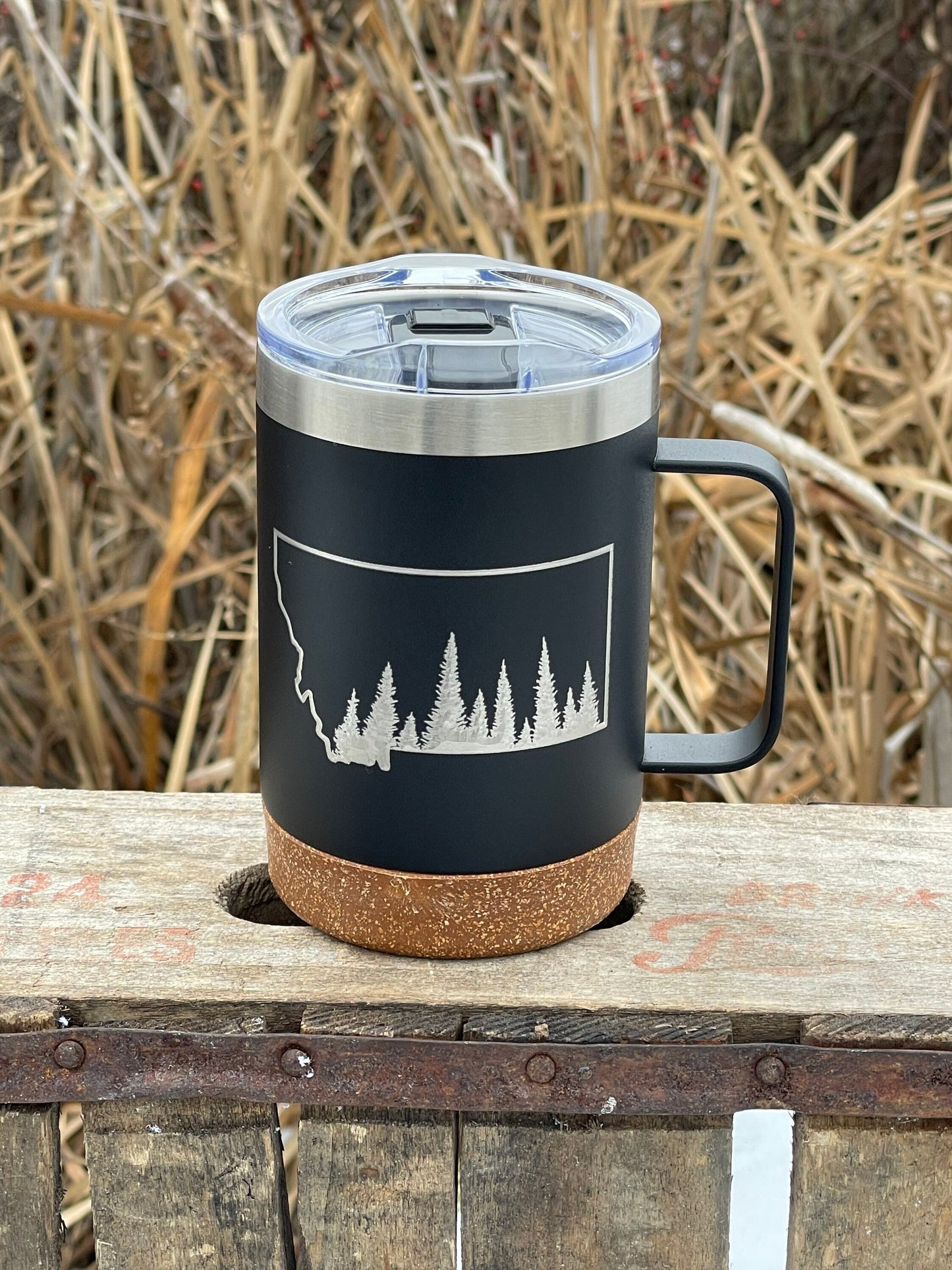 Insulated Cork Bottom Coffee Mug - Evergreen Trees in Montana State - etched 16 OZ - Option to Personalize - BLACK