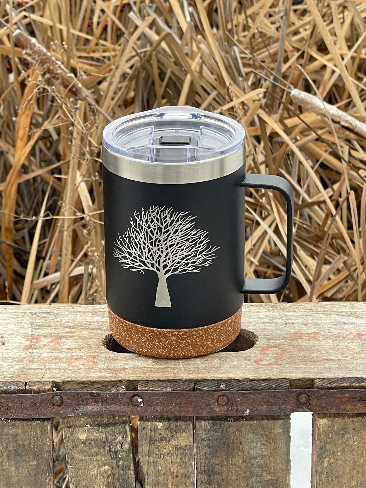 Insulated Cork Bottom Coffee Mug - Tree design - etched 16 OZ - Option to Personalize - BLACK