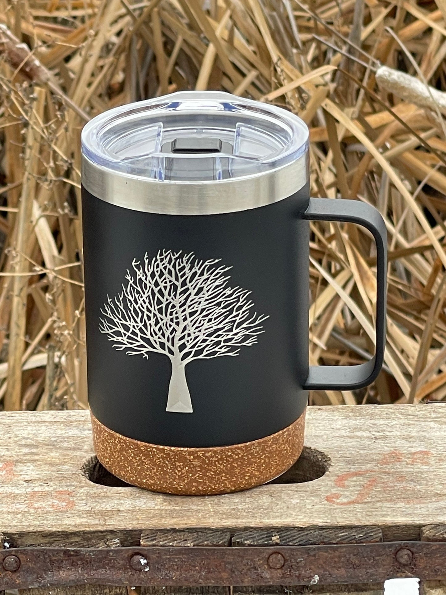 Insulated Cork Bottom Coffee Mug - Tree design - etched 16 OZ - Option to Personalize - BLACK